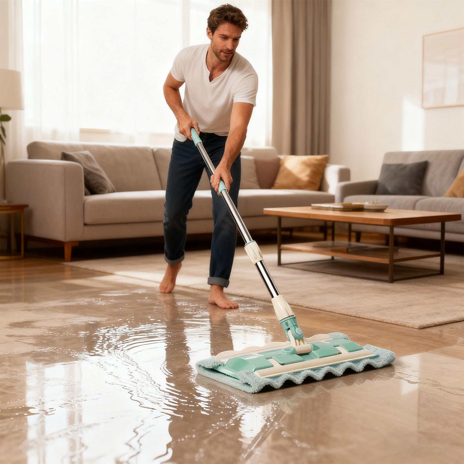 Limpiador ergonómico grueso para suelo con cabezal de fibras de doble acción para baño, cocina, derrames, lavable, 500 denegaciones, lavado a mano, paño plano grande