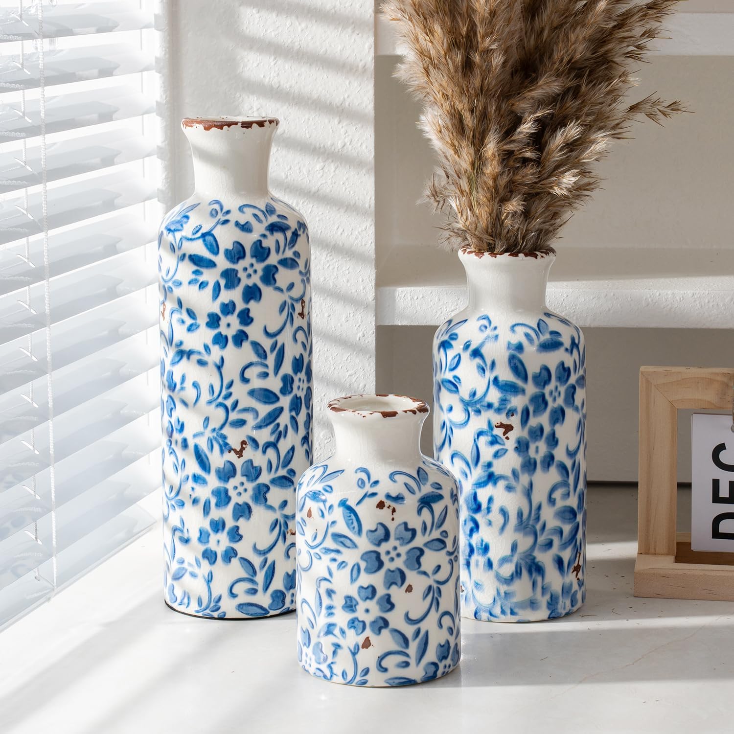 Vintage Ceramic Flower Vase Set of 3, Rustic Farmhouse Vase for Home Decor, Distressed Decorative Vase for Table Entryway Mantel Centerpiece Living Room Bathroom Bedroom (Crackle Blue & White)