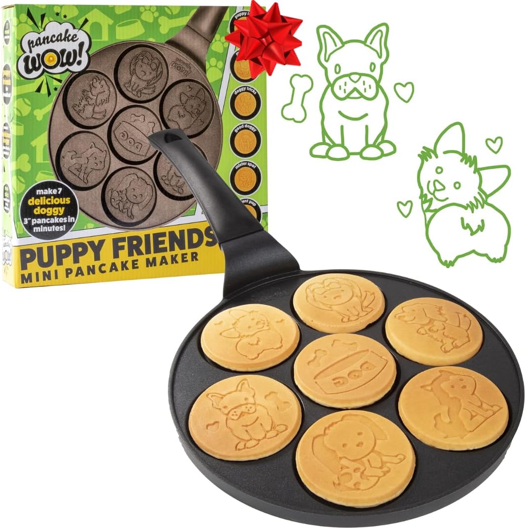 Puppy Friends Mini Pancake Pan - Make 7 Unique Flapjacks - Nonstick Griddle for Breakfast Pup Animal Fun & Easy Cleanup - Fun Dog Related Gift for Kids & Adults, Boys or Girls