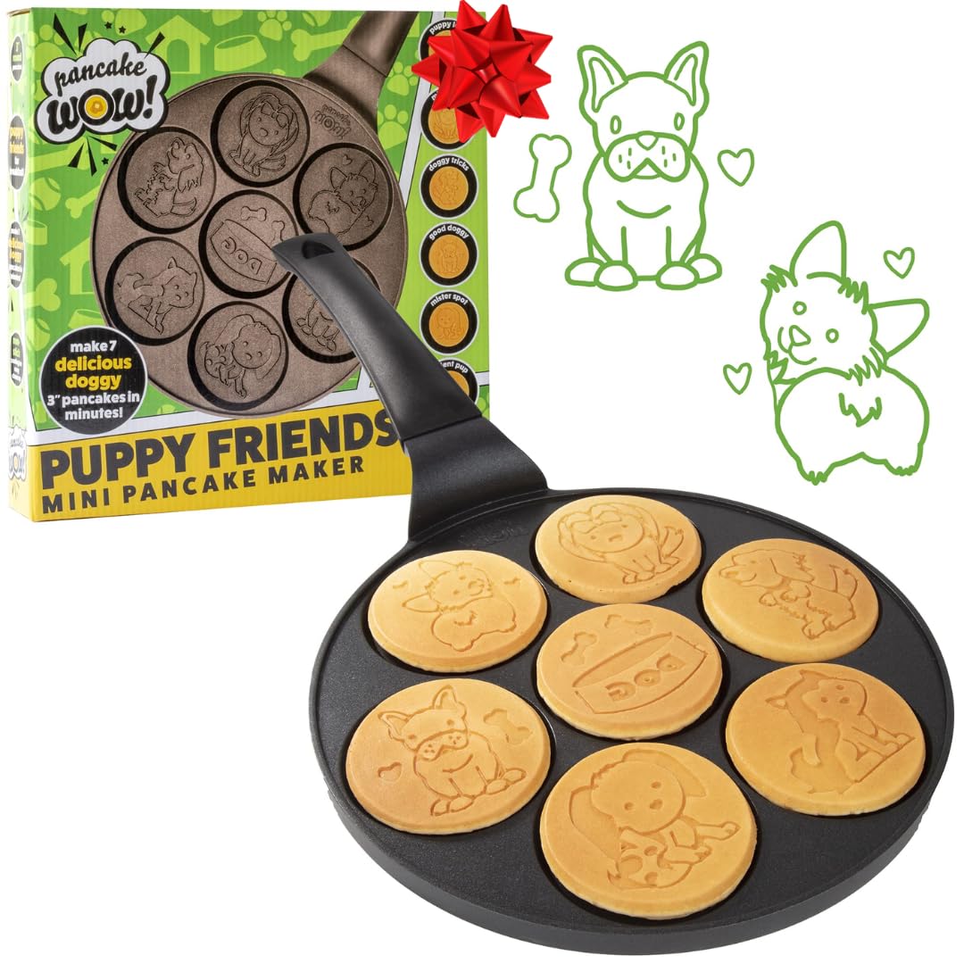 Puppy Friends Mini Pancake Pan- Make 7 Unique Flapjacks- Nonstick Griddle w Long Handle for Breakfast Pup Animal Fun & Easy Cleanup Fun Dog Related Xmas Gift for Kids & Adults, Boys Girls, Party Treat