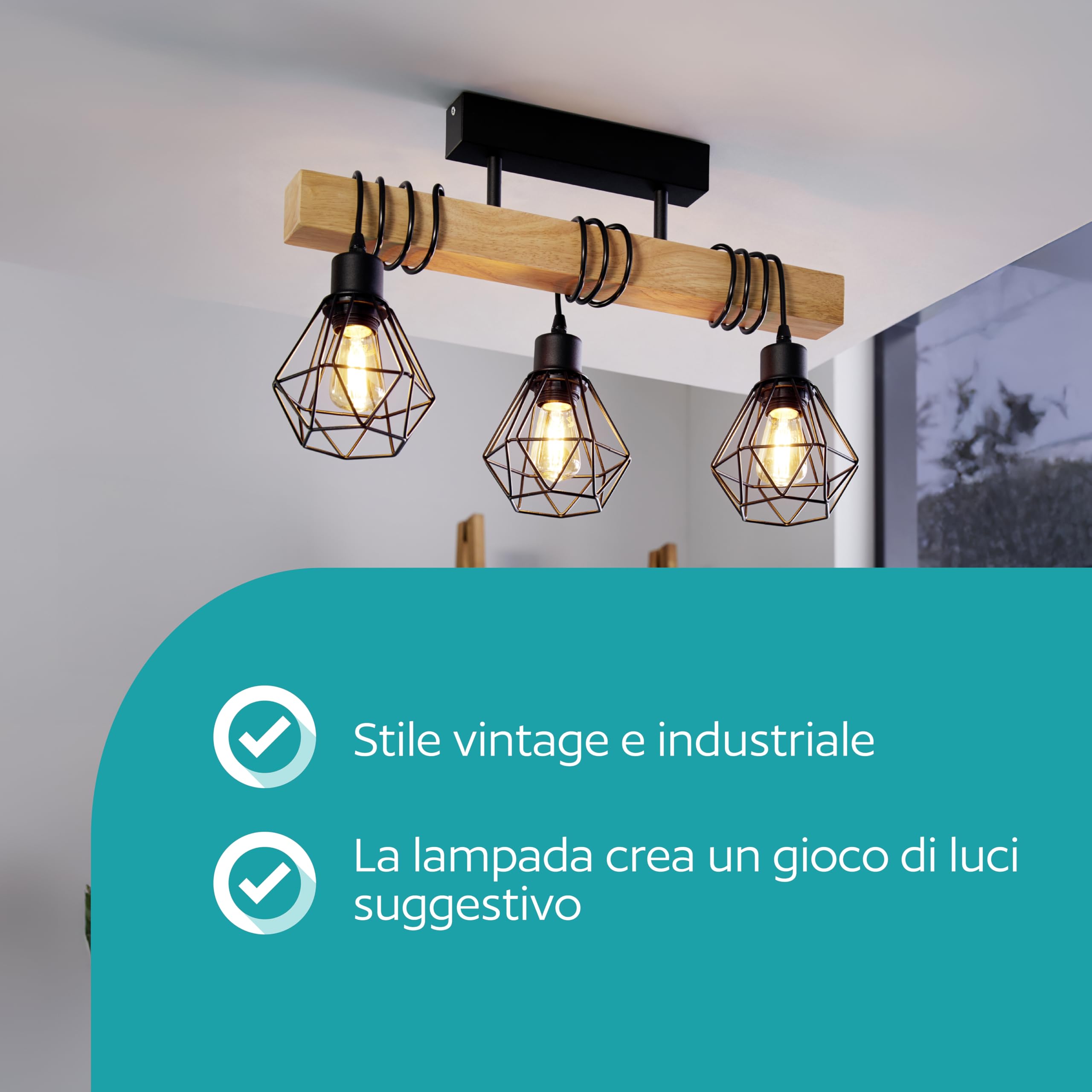 Eglo Lampada da soffitto Townshend 5, plafoniera vintage a tre punti luce, plafoniera dal design industriale, lampada a sospensione retrò in acciaio e legno, nero, marrone, E27