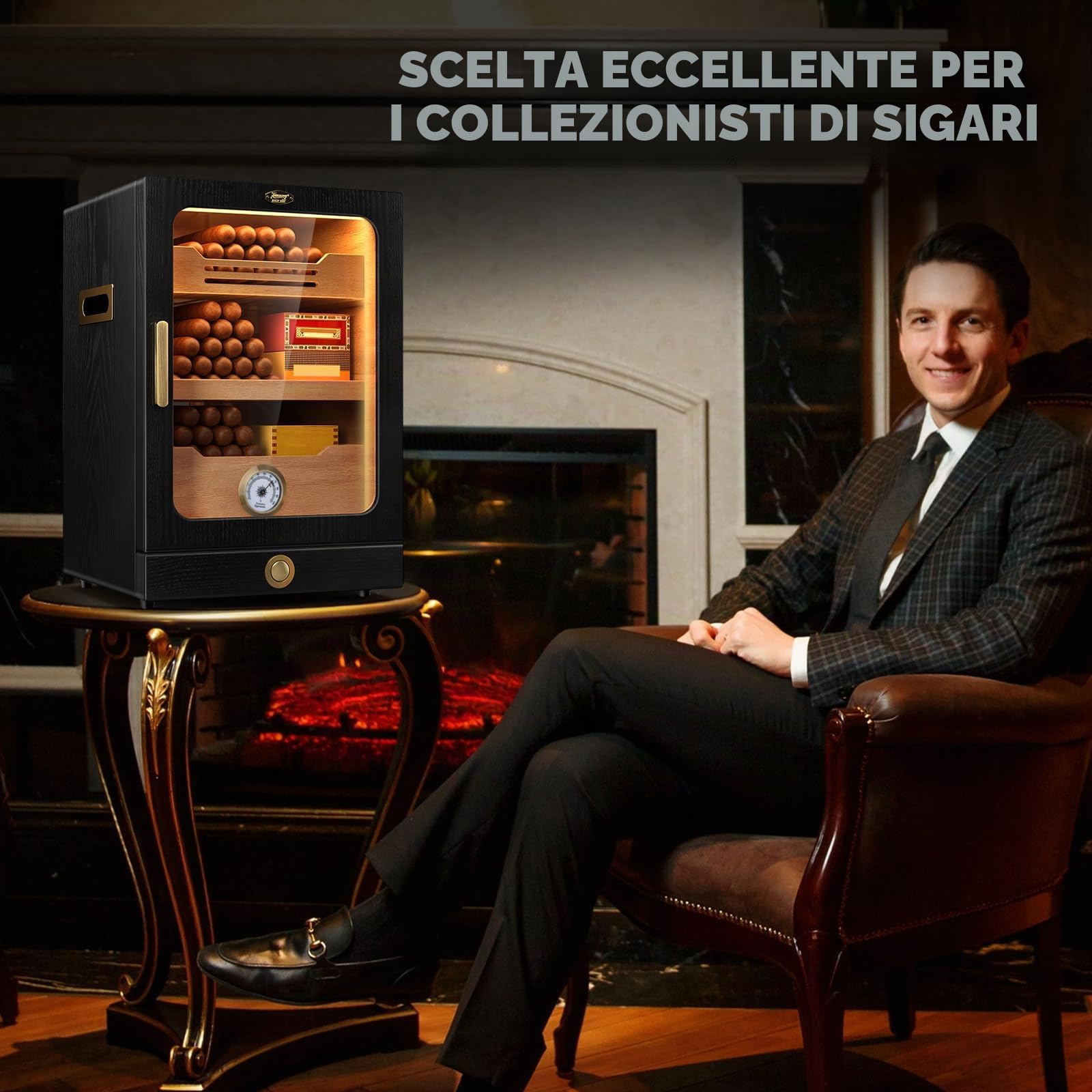 Tesonway Umidificatore per sigari, con sistema di controllo della luce, con ripiani in legno di cedro spagnolo, igrometro, 3 umidificatori e cassetto per accessori per sigari, regalo per la festa del