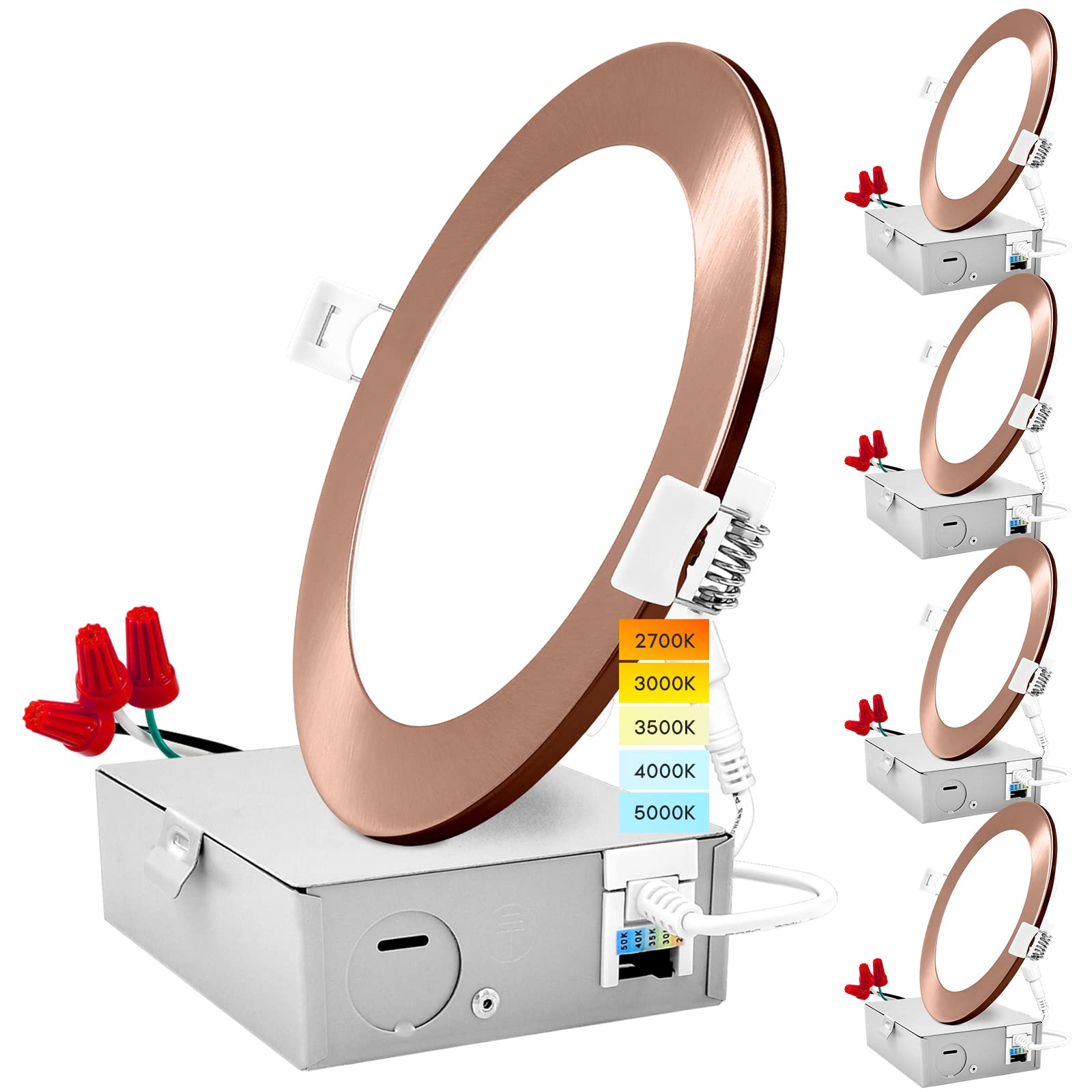 6 Inch Ultra Thin LED Recessed Light with J-Box, 12W, 5 Color Options 2700K | 3000K | 3500K | 4000K | 5000K, Dimmable Wafer Light, 1000 Lumens, Copper Trim, Energy Star, IC Rated (4 Pack)