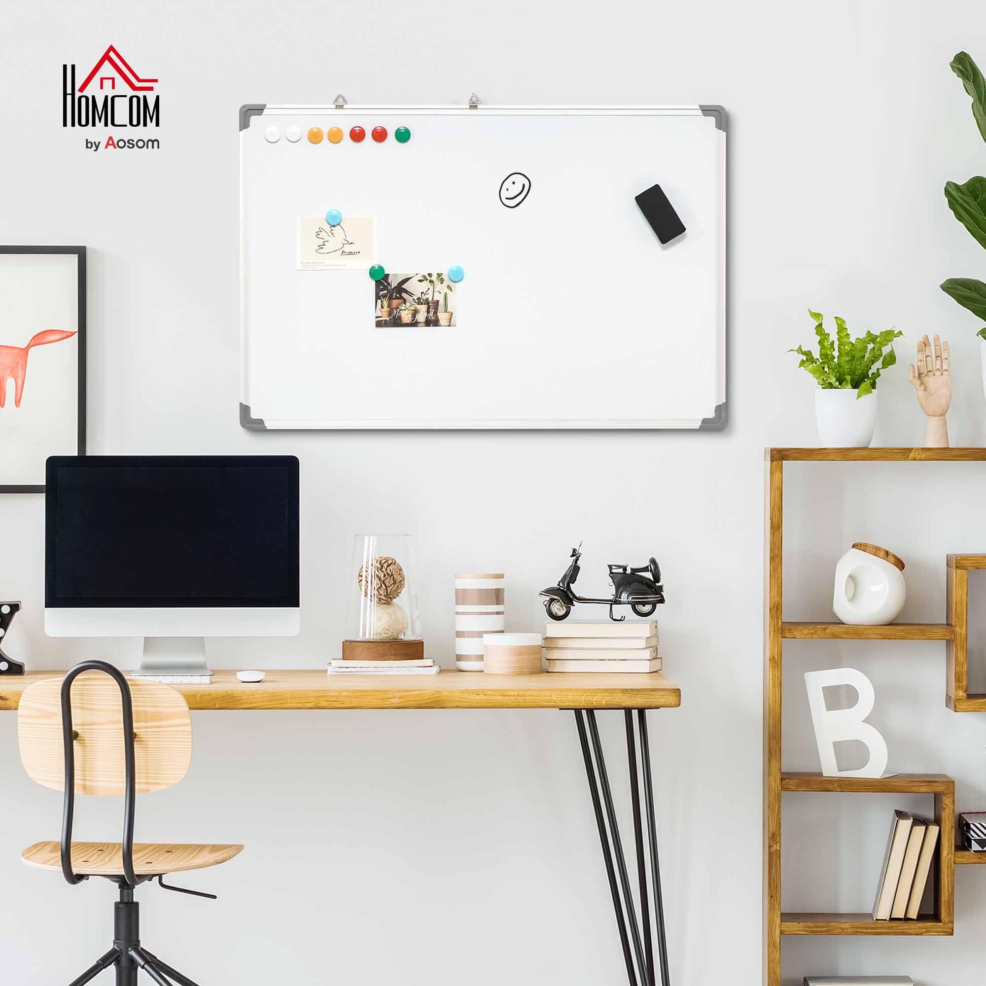 HOMCOM Tableau blanc magnétique cadre aluminium 90 x 60 cm avec feutres, effaceur et aimants