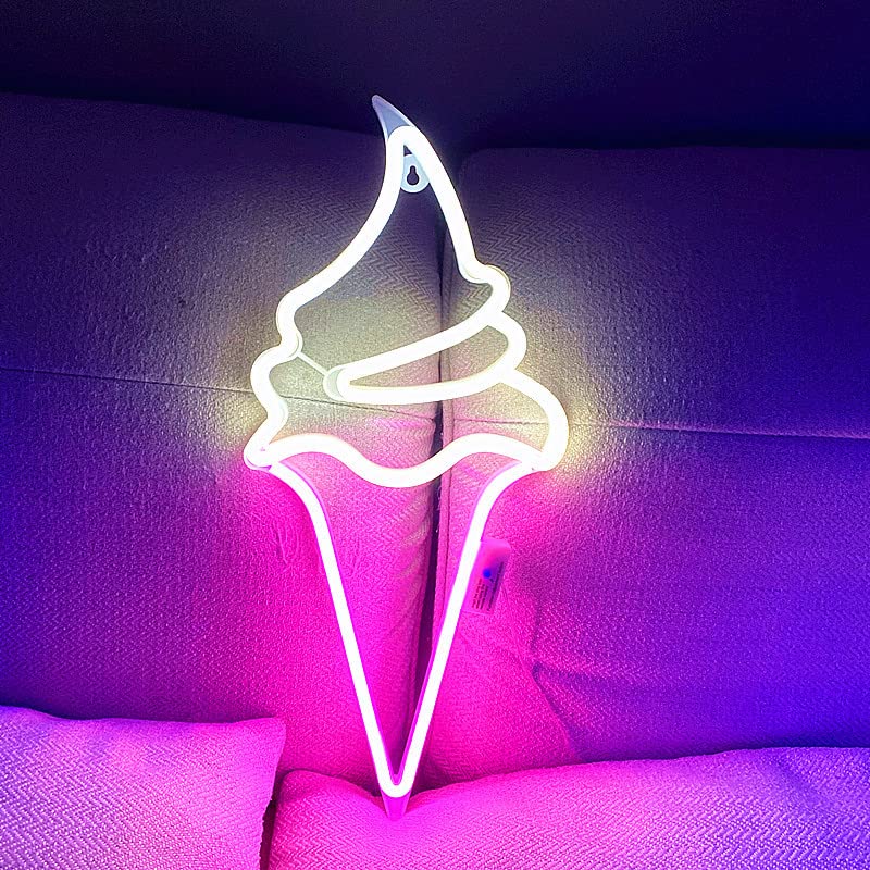 SHANJIA LED Neon Light Sign, Ice Cream Neon Lights Ice Cream Neon Signs for Wall Decor with 8 Mode 18 Key Remote Control USB Or Battery Powered for Home, Party, Childre (White powder)