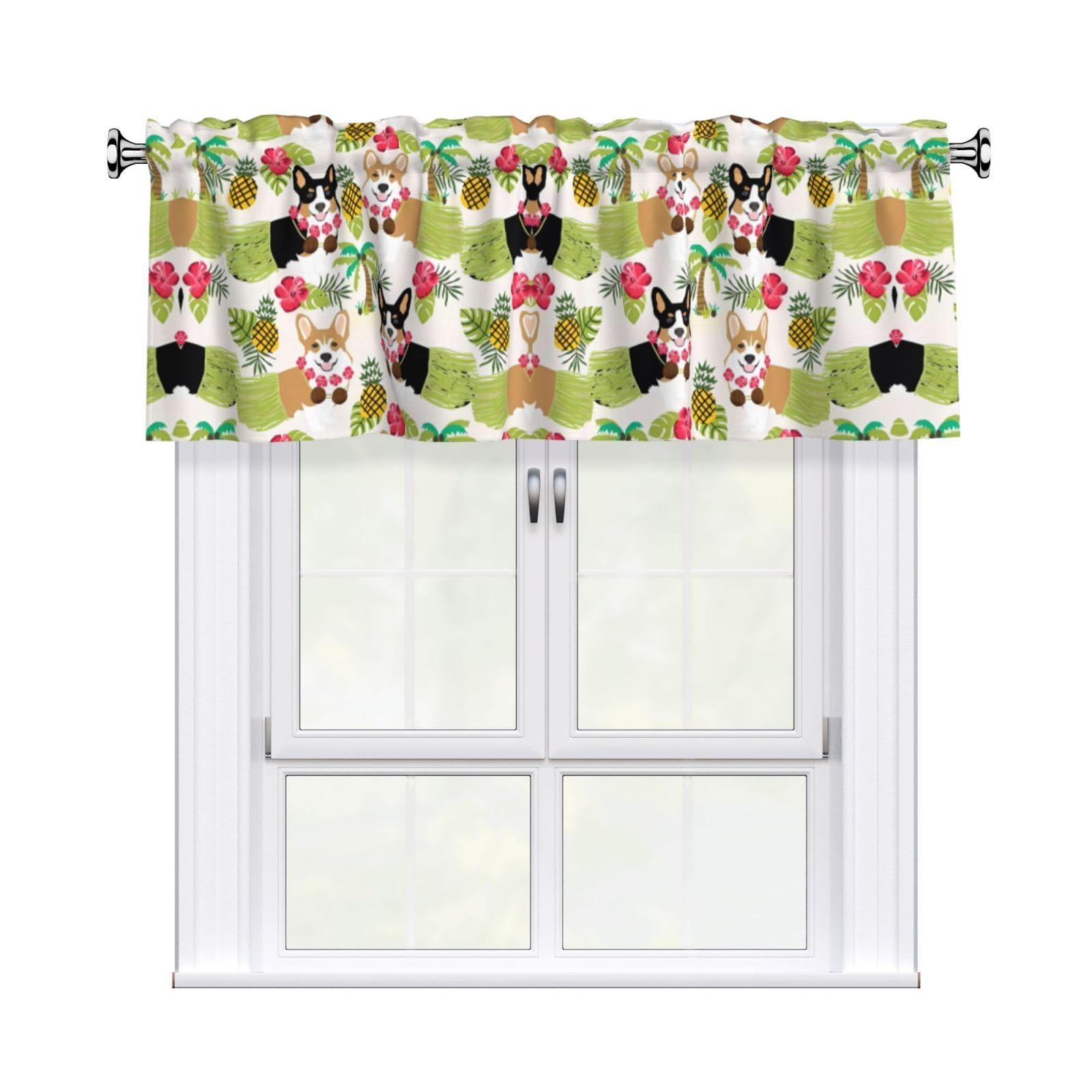 HJFCZH Corgi Hawaiian Tropical Summer Pineapple Prints Curtain Valance 54x18in - Peach Skin Kitchen Window Layer, Filtered Light & Quick-Install Rod Pocket Cover