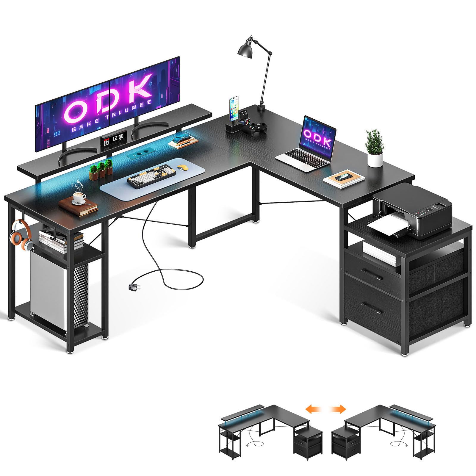 ODK Escritorio con Soporte para Monitor y LED, Escritorio Esquinero con Cajones Pequeños y Grandes para Archivadores, Mesa Escritorio Negra con Puerto USB y Enchufe, 168×165cm para Oficina en Casa