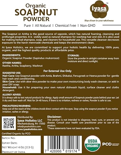 Miniatura 2 de Iyasa Holistics Polvo de soapnut orgánico, paquete de prueba de 4 onzas, Aritha, Reetha, Sapindus Mukorossi, champú y acondicionador natural para la