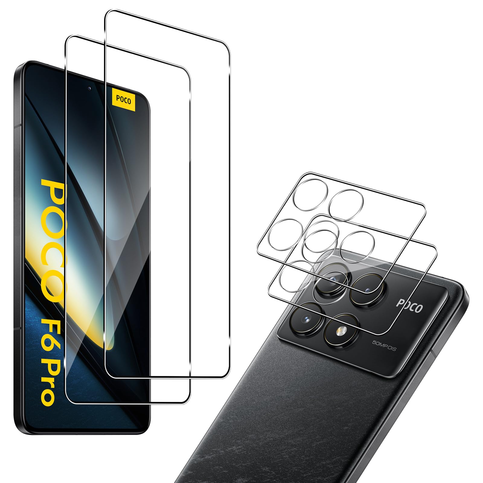 For Xiaomi POCO F6 Pro ガラスフィルム(2枚)+カメラフィルム（2枚） Mosasa Xiaomi POCO F6 Pro フィルム 衝撃吸収 9H硬度 飛散防止 2.5Dラウンドエッジ スクラッチ防止 旭硝子素材製 高透過率 高感度