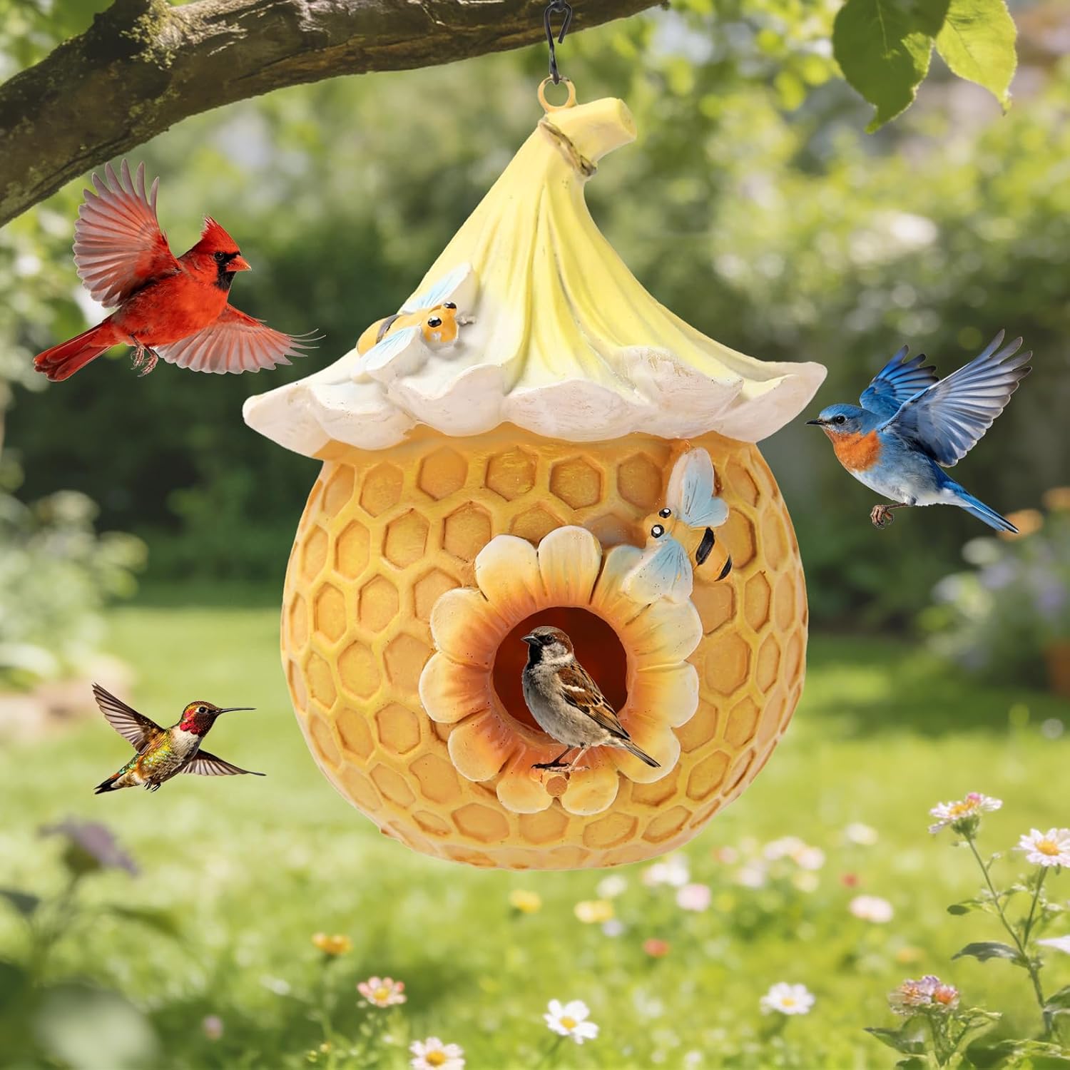 Bird Houses for Outside Yellow Cottage Resin Birdhouse, Garden Outdoor Decor Bird House with Flower and Bees, Birdhouses for Outdoors for Bluebird Finches Cardinals