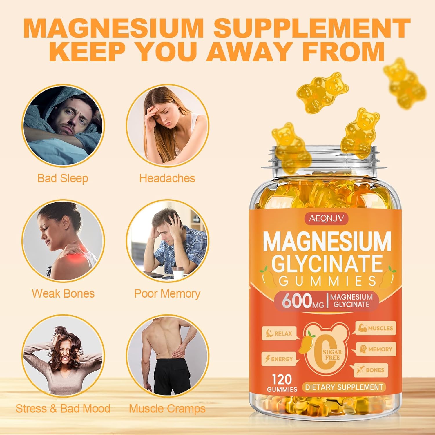 Magnesium Glycinate Gummies 600mg, Chewable Sugar Free Potassium Magnesium Gummies with Magnesium Glycinate, Vitamin D, B6 and CoQ10 for Sleep, Relaxation, Brain & Muscle, 120 Count - Image 3