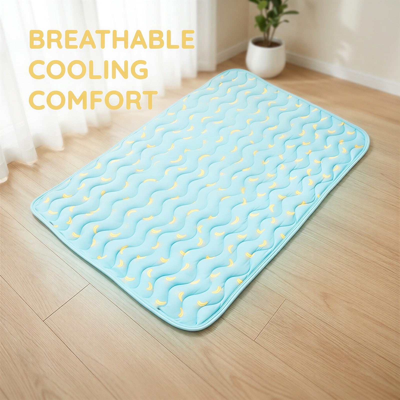 Hunde Kühlmatte, 27,6 x 21,7 Zoll, Ice Silk Kühlmatte mit atmungsaktivem Stoff, tragbare Kühlmatte für kleine und mittelgroße Hunde bis 33 lbs, Bananenmuster, für Zuhause und Reise, Blau