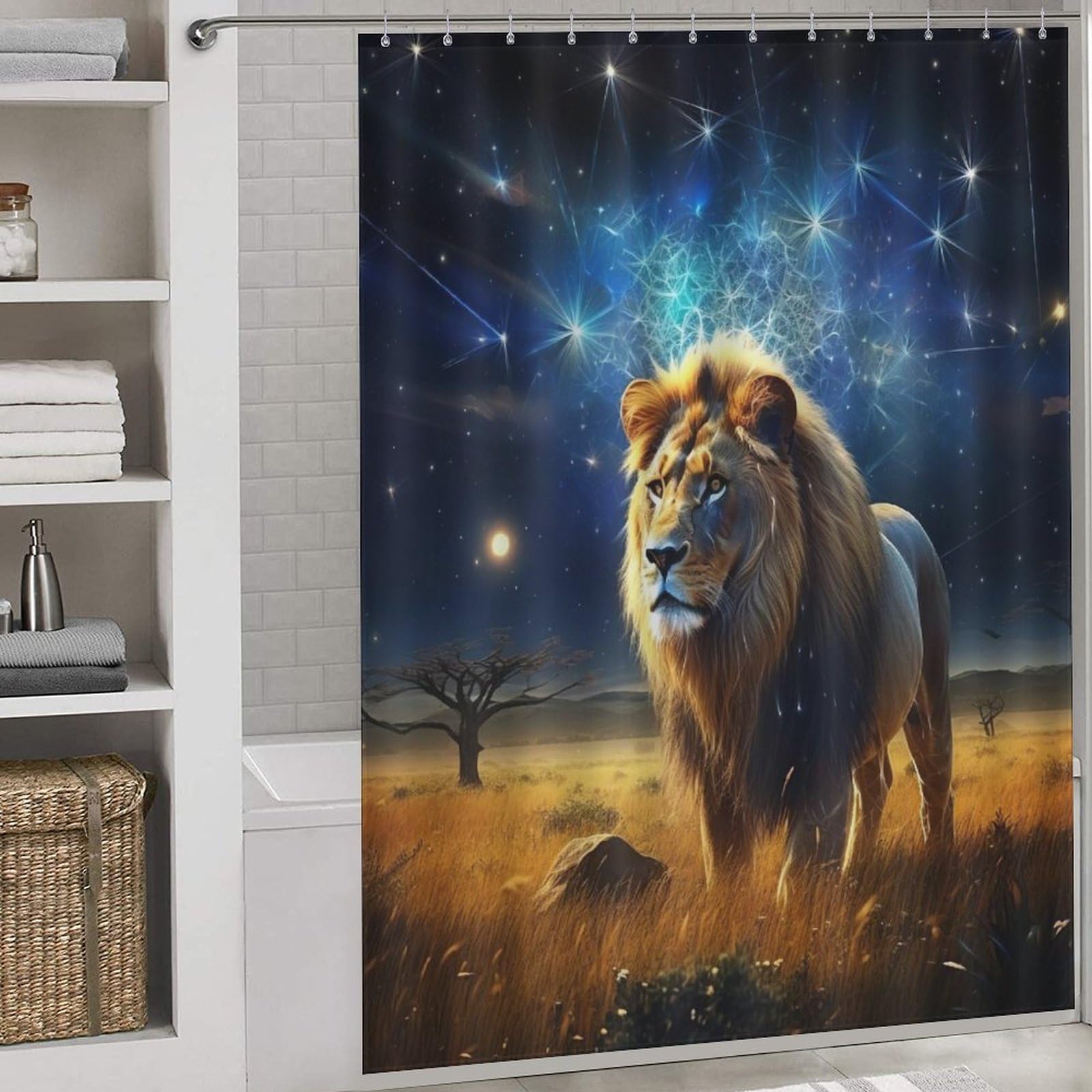 Rideau de douche lion imperméable, rideau de bain tissu polyester lavable 168x183cm pour baignoire