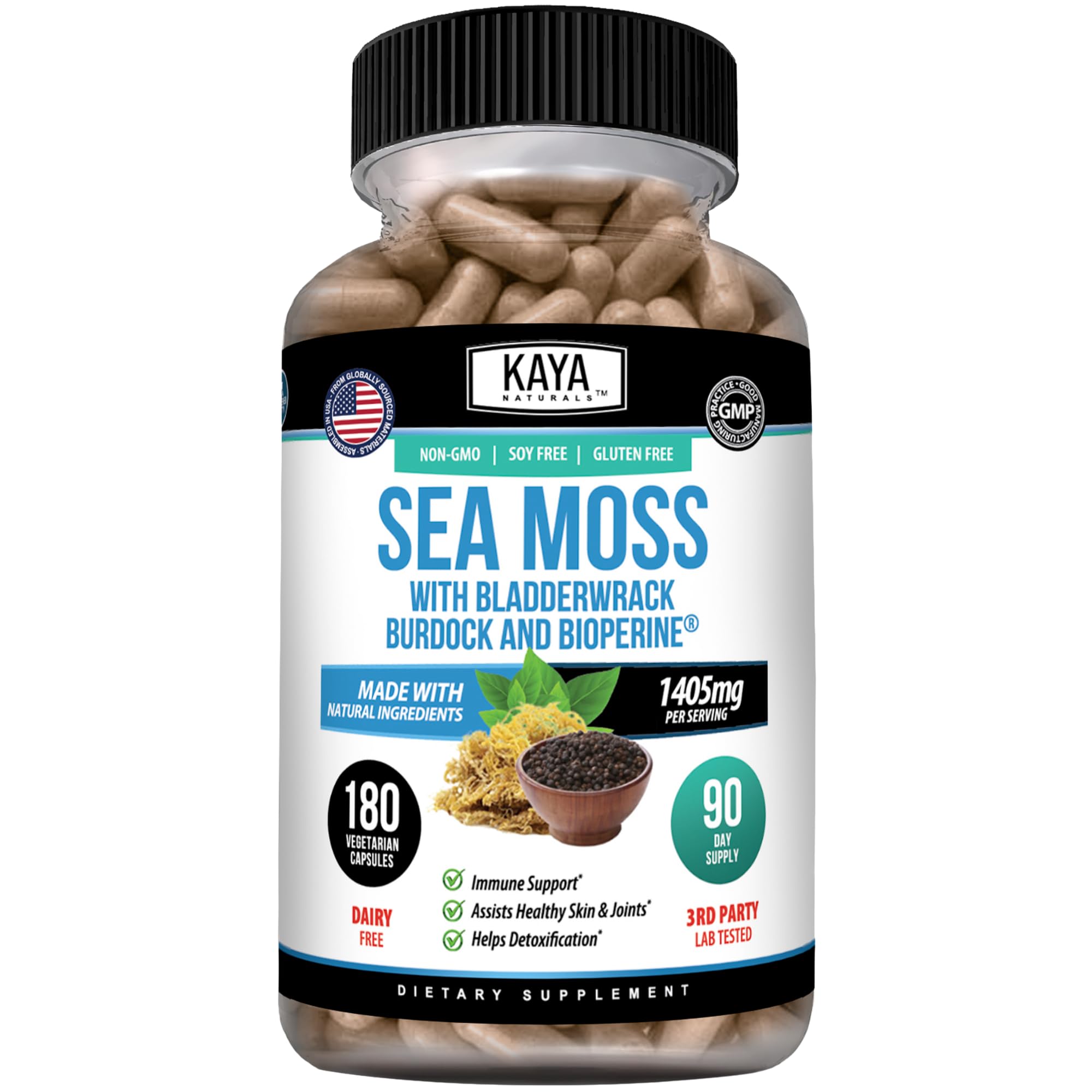 Kaya Naturals Sea Moss Capsules with Bladderwrack & Burdock Root, 180 Count 180 Count (Pack of 1)