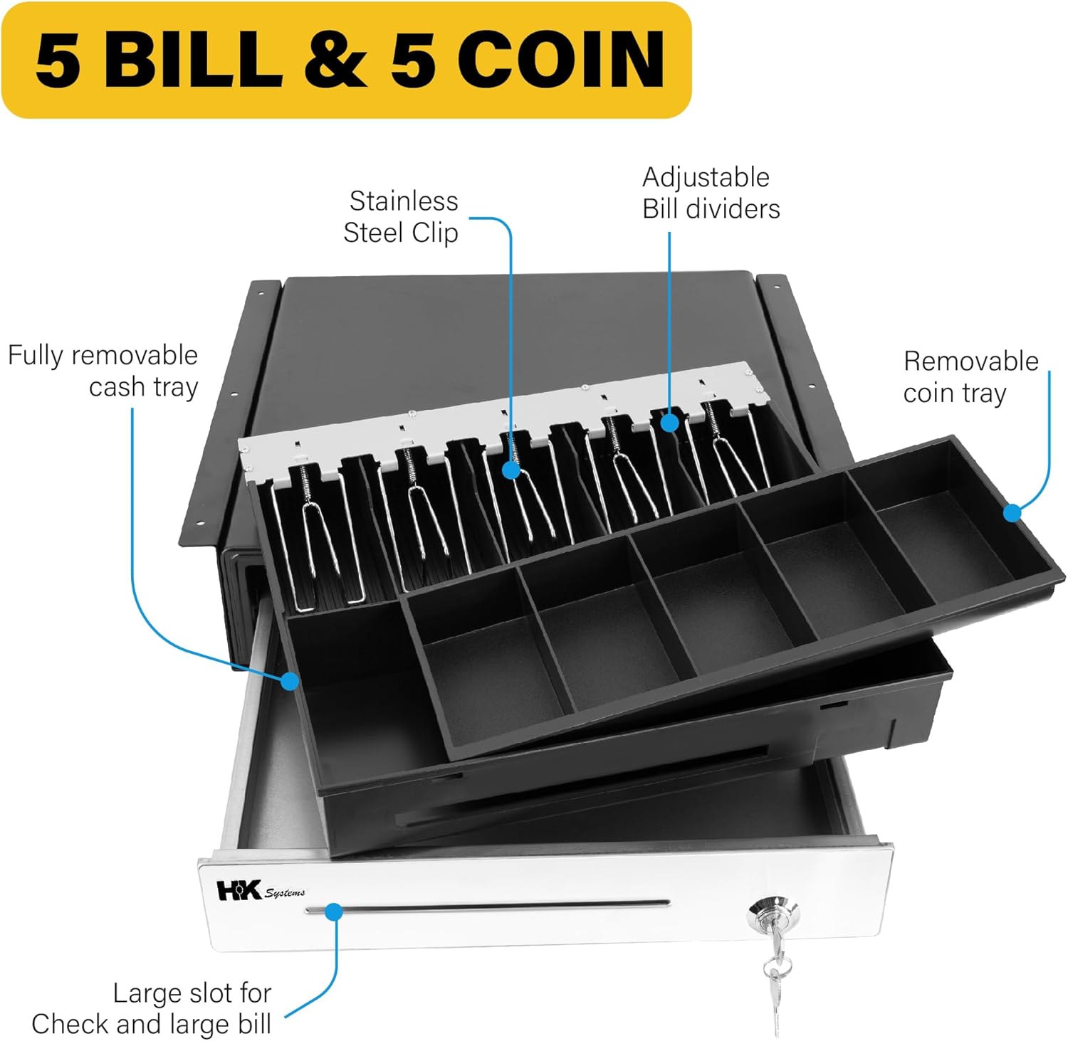 HK SYSTEMS 16" Heavy Duty Black Push Open Cash Drawer, 5B5C with Under Counter Mounting Metal Bracket