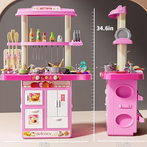 Miniatura 7 de Juego de cocina para niños, juego de cocina 2 en 1 con sonido y luz, fregadero de paly con 60 piezas de juguete de comida y accesorios de cocina,