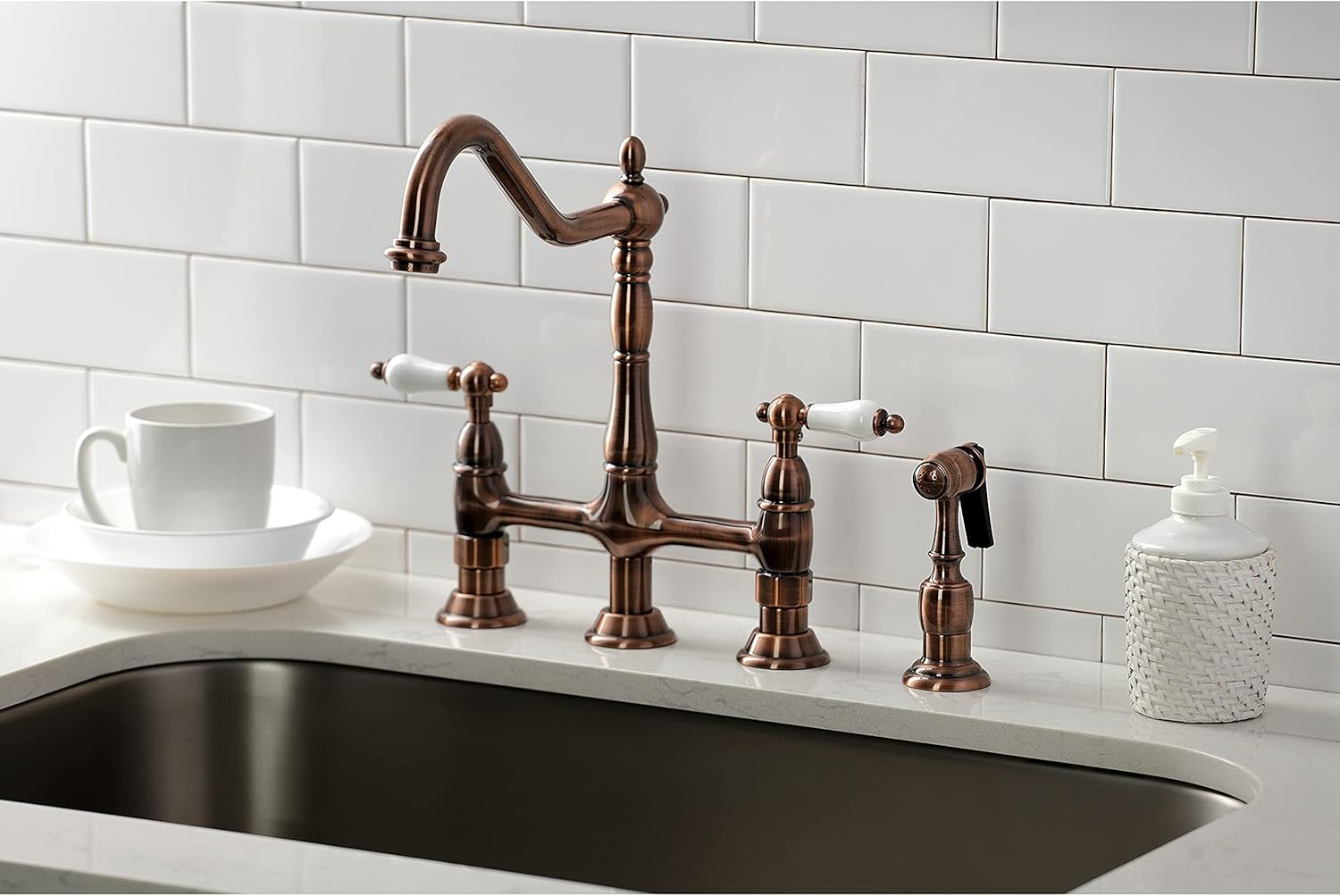 Kingston Brass KS127PLBSAC Heritage Bridge Kitchen Faucet with Brass Sprayer, Antique Copper