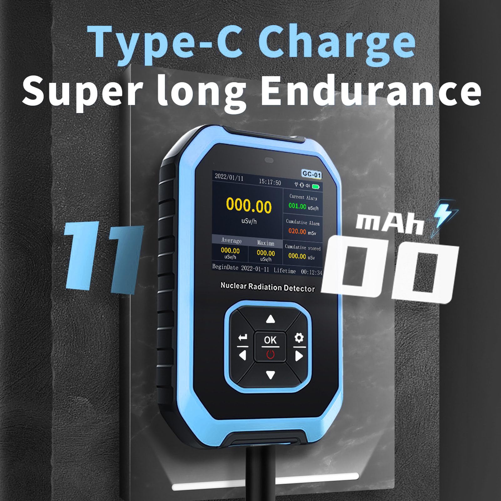 Portable Handheld Nuclear Radiation Detector Device Counter Dosimeter Rechargeable Beta Gamma X Meter Blue for Industrial Use