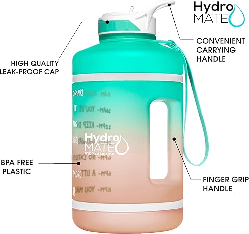 Miniatura 2 de HydroMATE - Botella de agua motivacional con pajita y asa con marcador de horarios, tamaño grande, medio galón (64 onzas) de capacidad,