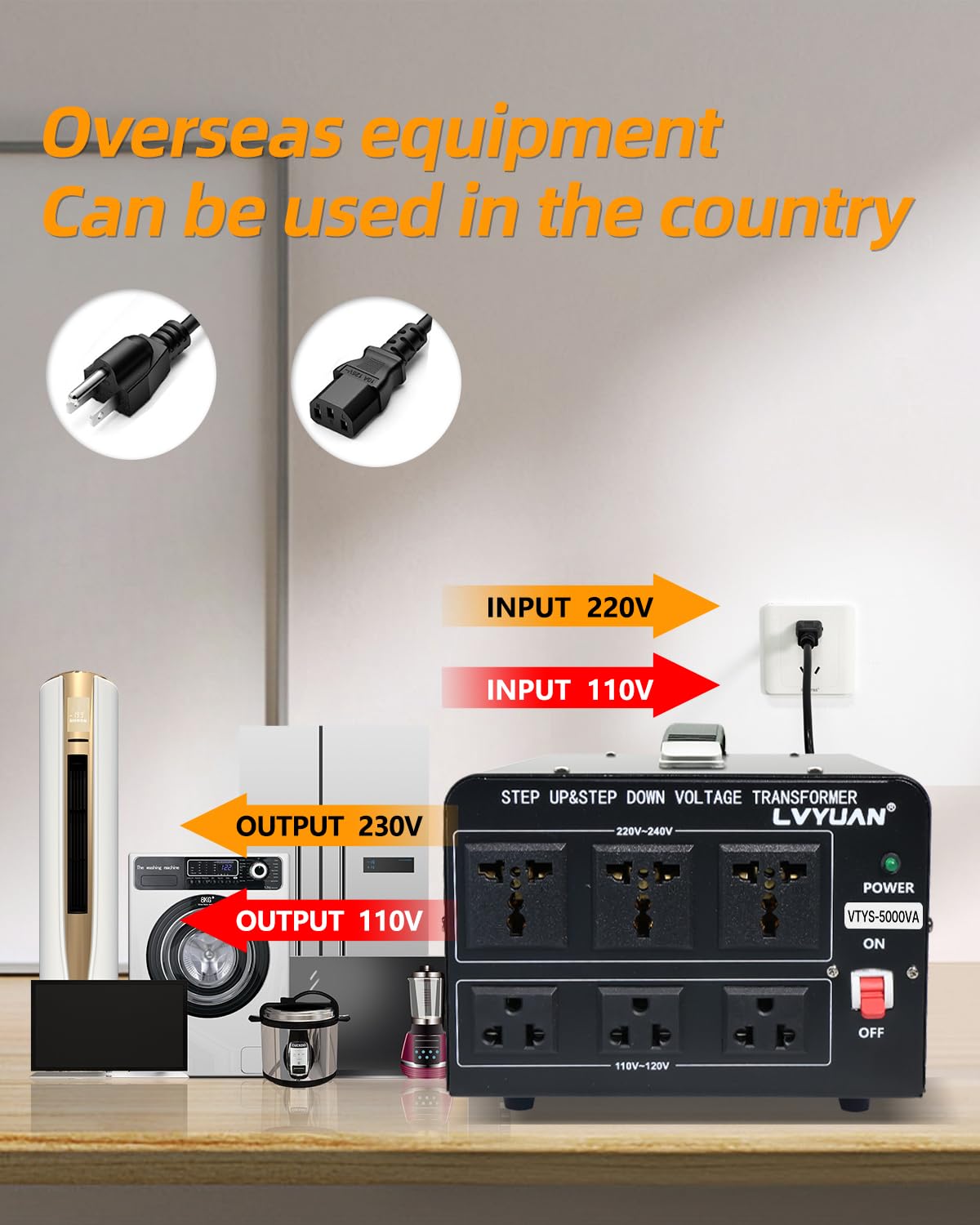 LVYUAN Convertidor de voltaje de 5000 vatios, resistente, elevación/bajada, CA 110 V/120 V/220 V/240 V, convertidor de potencia con 3 salidas de EE. UU., 3 salidas universales, protección de disyuntor