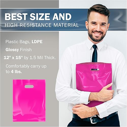 Miniatura 3 de Pink Merchandise - Bolsas de plástico para compras, paquete de 200 unidades de 12 x 15 pulgadas con 1.5 mil de grosor, asas troqueladas, perfectas