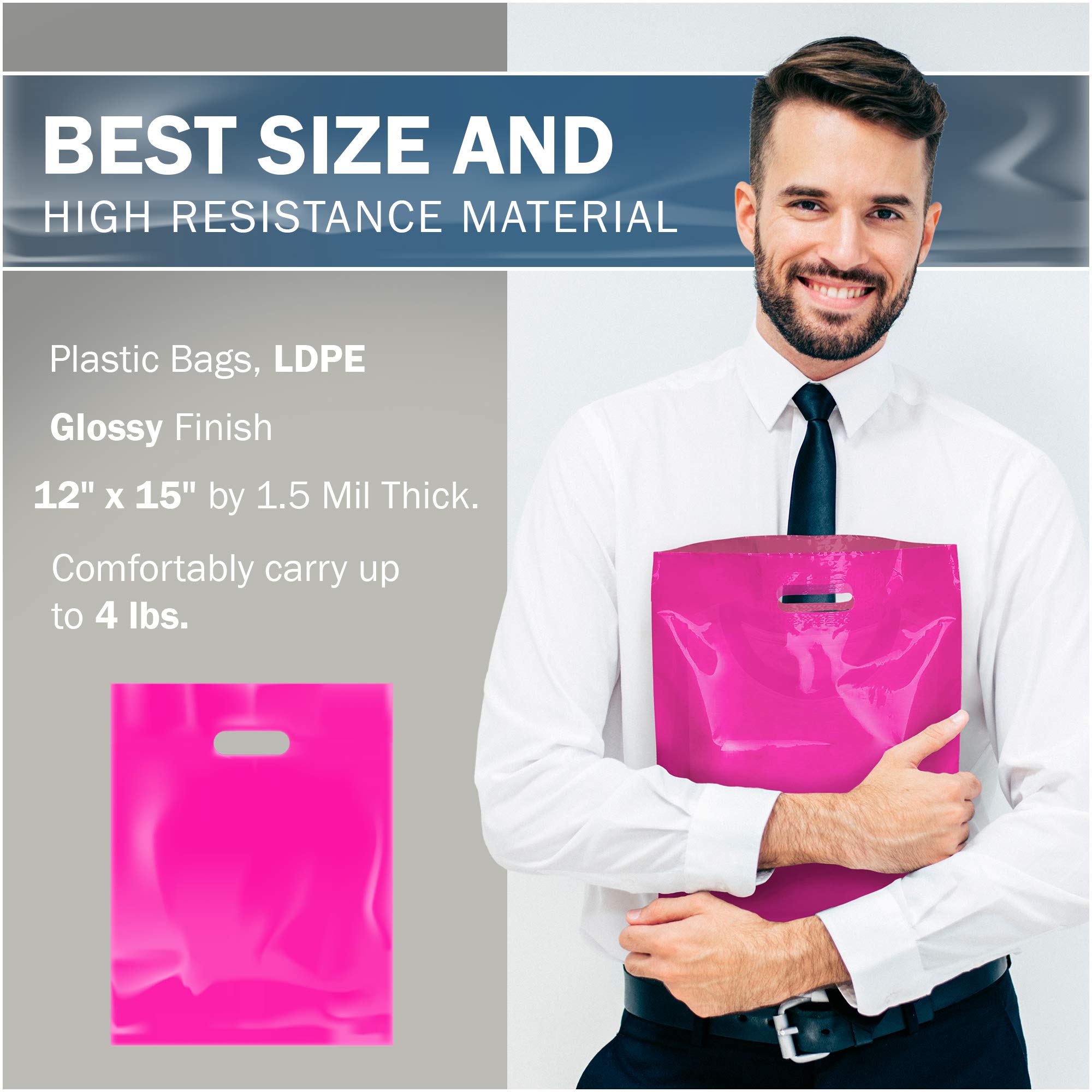 Różowe plastikowe torby na zakupy, 100 sztuk, 30 x 38 cm z grubymi uchwytami o grubości 1,5 ml, idealne do sprzedaży detalicznej, upominków na imprezę, urodziny, imprezy dla dzieci, kolor różowy, w