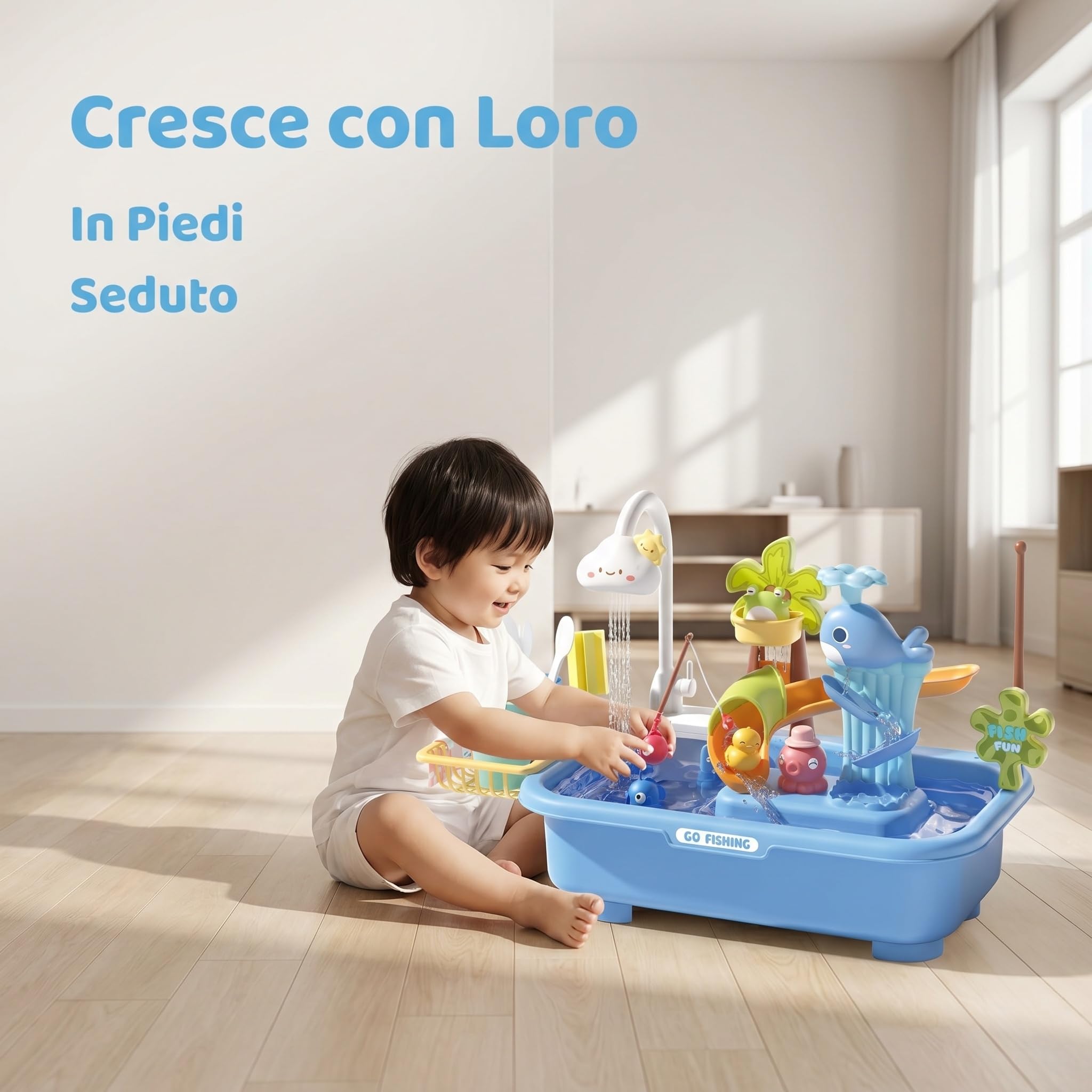 43 Pezzi di Giocattoli da Cucina, Set di Giochi di Ruolo, lavastoviglie, Accessori per Cucinare, Pesca, Set interattivo per Giocare a Fare Finta, Blu