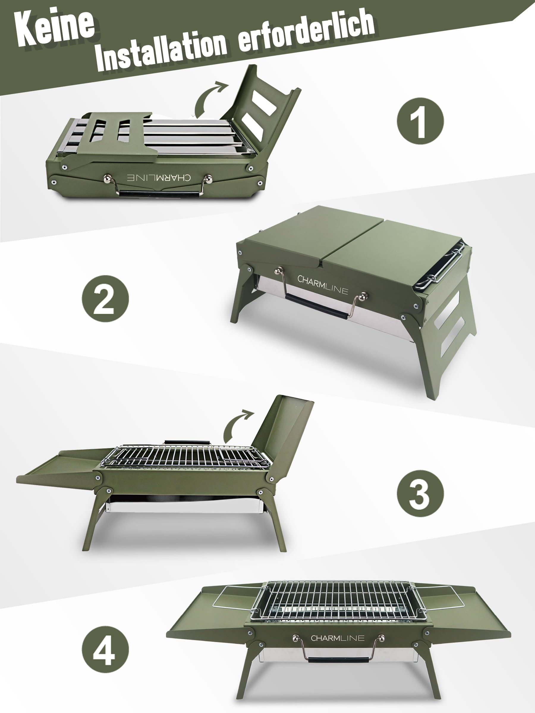 Charmline Tragbarer Holzkohlegrill, Klappbarer Campinggrill 35 x 23 cm für 1–3 Personen, Mini BBQ Grill für Balkon, Garten, Camping, Picknick und Strand, Grün