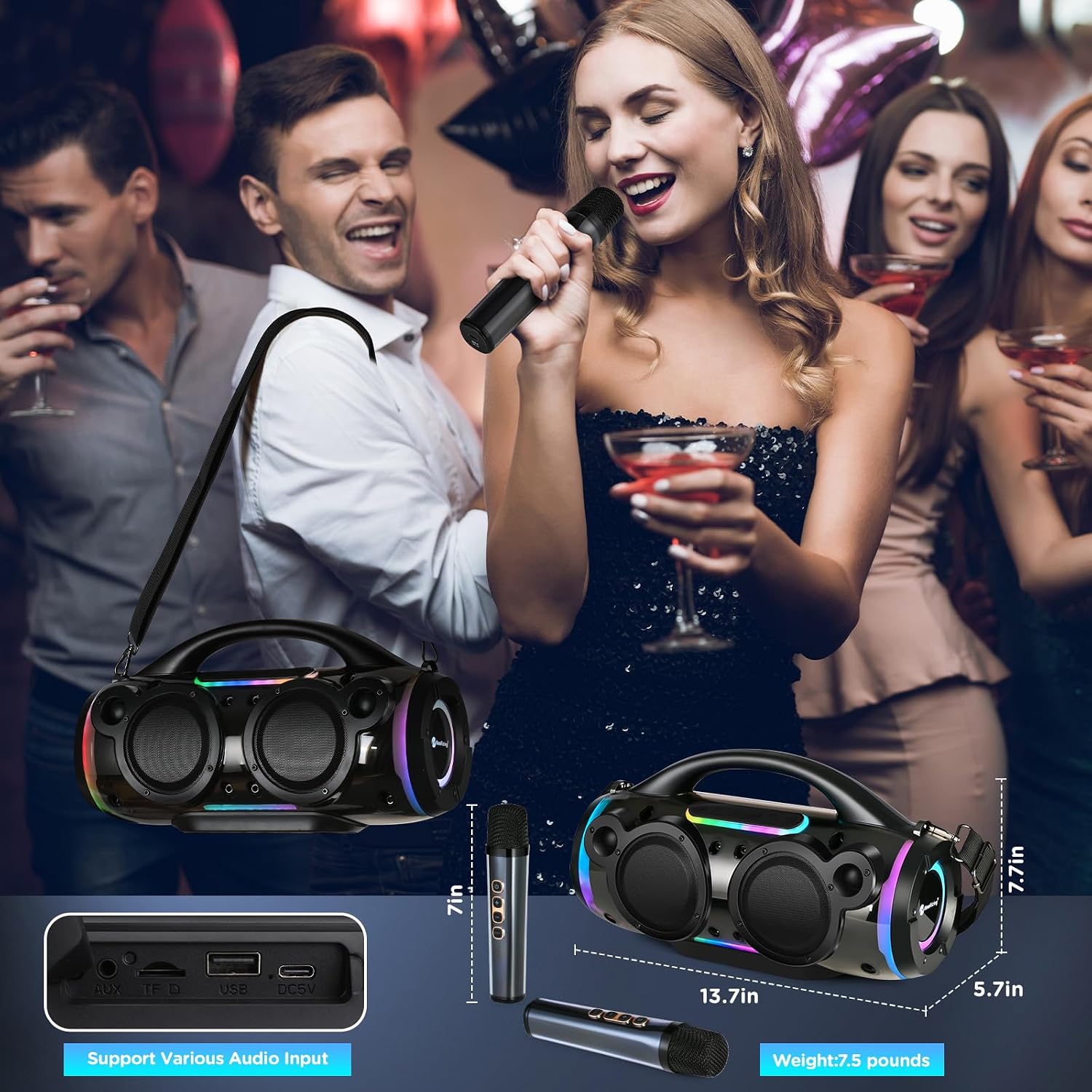 Karaoke Machine With 2 Wireless Mics - Portable Bluetooth Speaker With ...