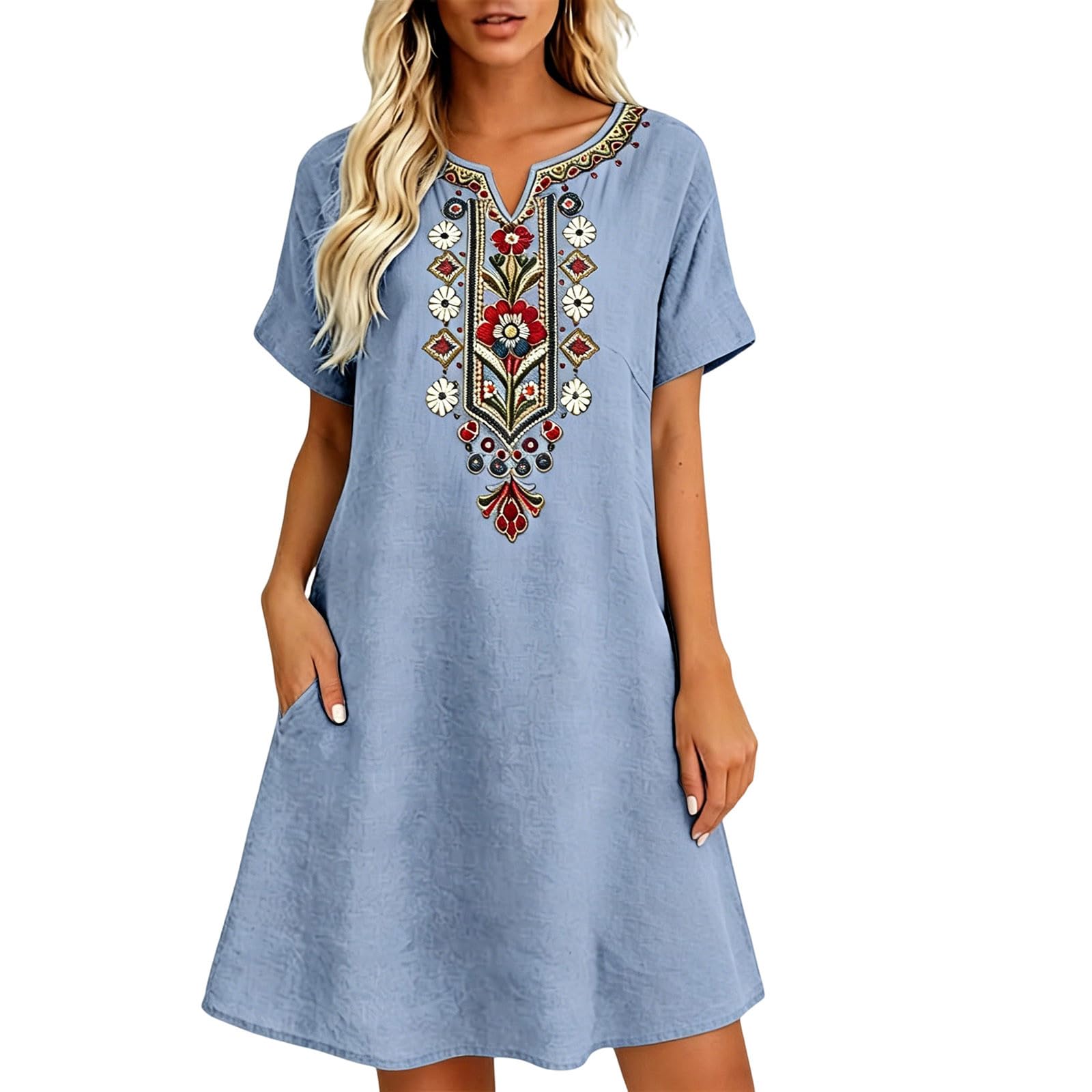 Vevpewshi Summer Boho Linen Dresses for Women UK 2026 V Neck Short Sleeve Casual Dress Beach Midi-Length Vacation Dresses with Pockets Ladies Sundress for Party