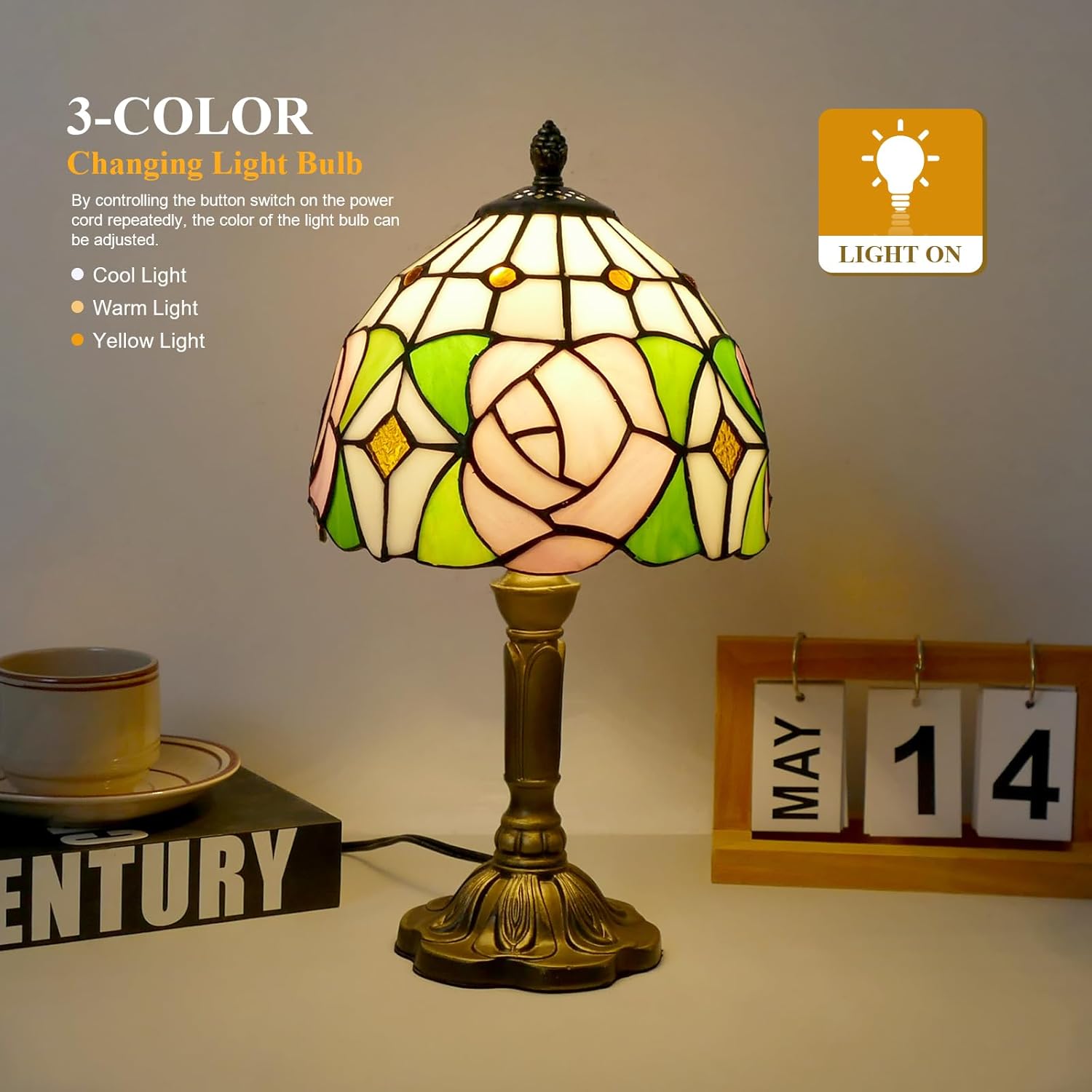 Pink Rose Style Tiffany Table Lamp Handmade Stained Glass Bedside Table Lamp Desk Reading Light 8" Wide 14" Tall for Small Space Bedroom Home Office with LED Bulb