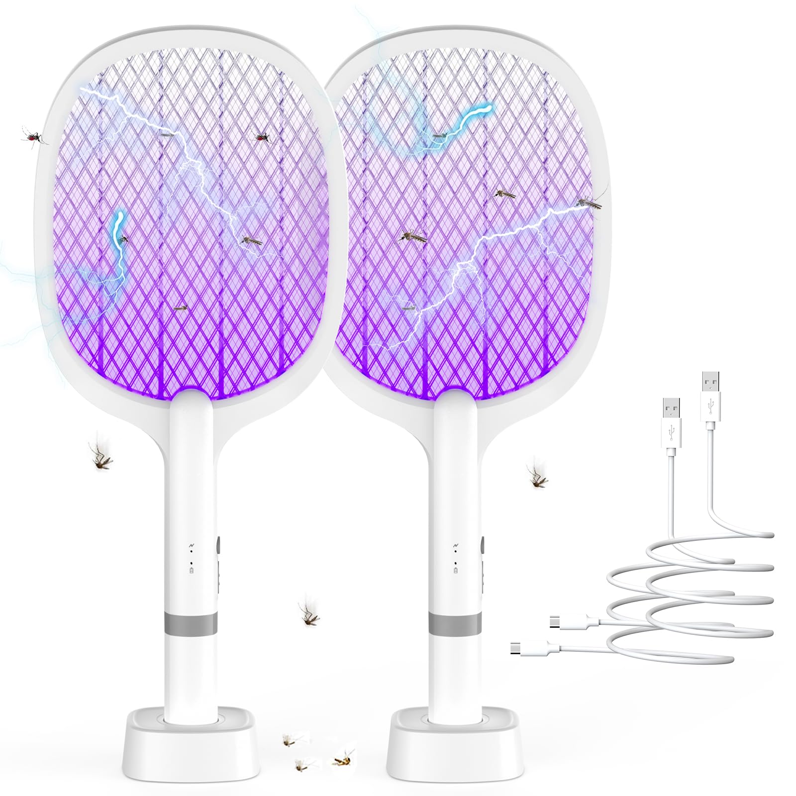 Racchetta Zanzare Elettrica, 5000V Racchetta Zanzare con USB Ricaricabile e LED 2 in 1, Protezione Maglia a 3 Strati Adatto per Casa Giardino Campeggio Interni ed Esterni (2PS)