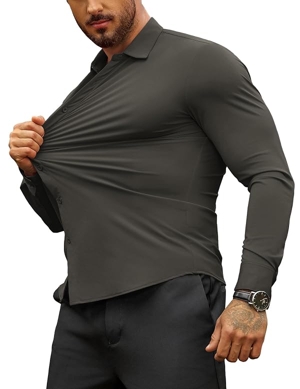 COOFANDY Men's Muscle Fit Dress Shirts Wrinkle-Free Long Sleeve Casual Button Down Shirts Dark Grey by COOFANDY - Image 2