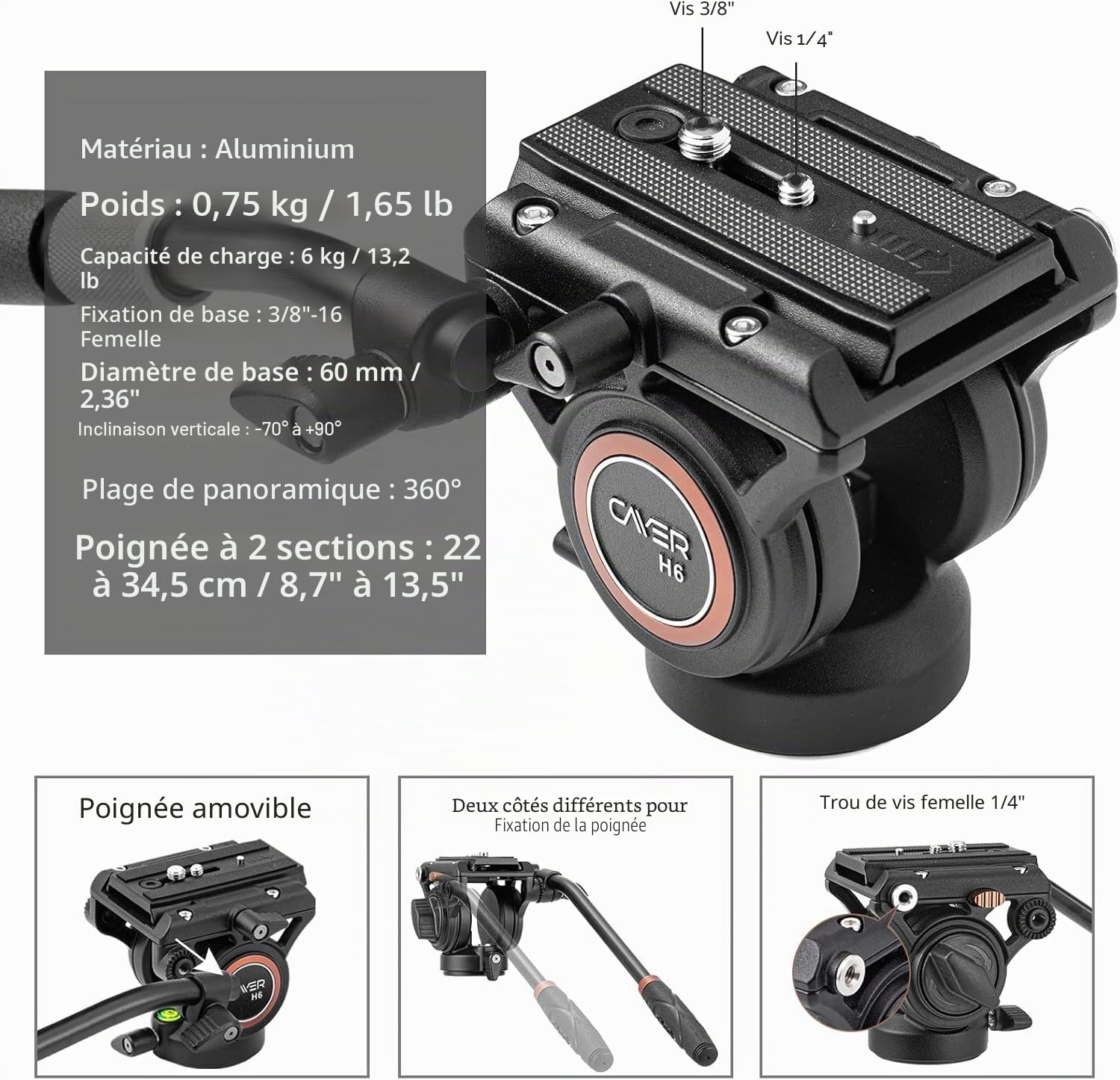 Cayer CF2451 Trépied vidéo 67 Pouces en Fibre de Carbone avec tête de traînée Fluide, trépied DSLR Compact à 4 Sections Convertible en Monopode, pour Appareil Photo Reflex numérique Canon Nikon Sony