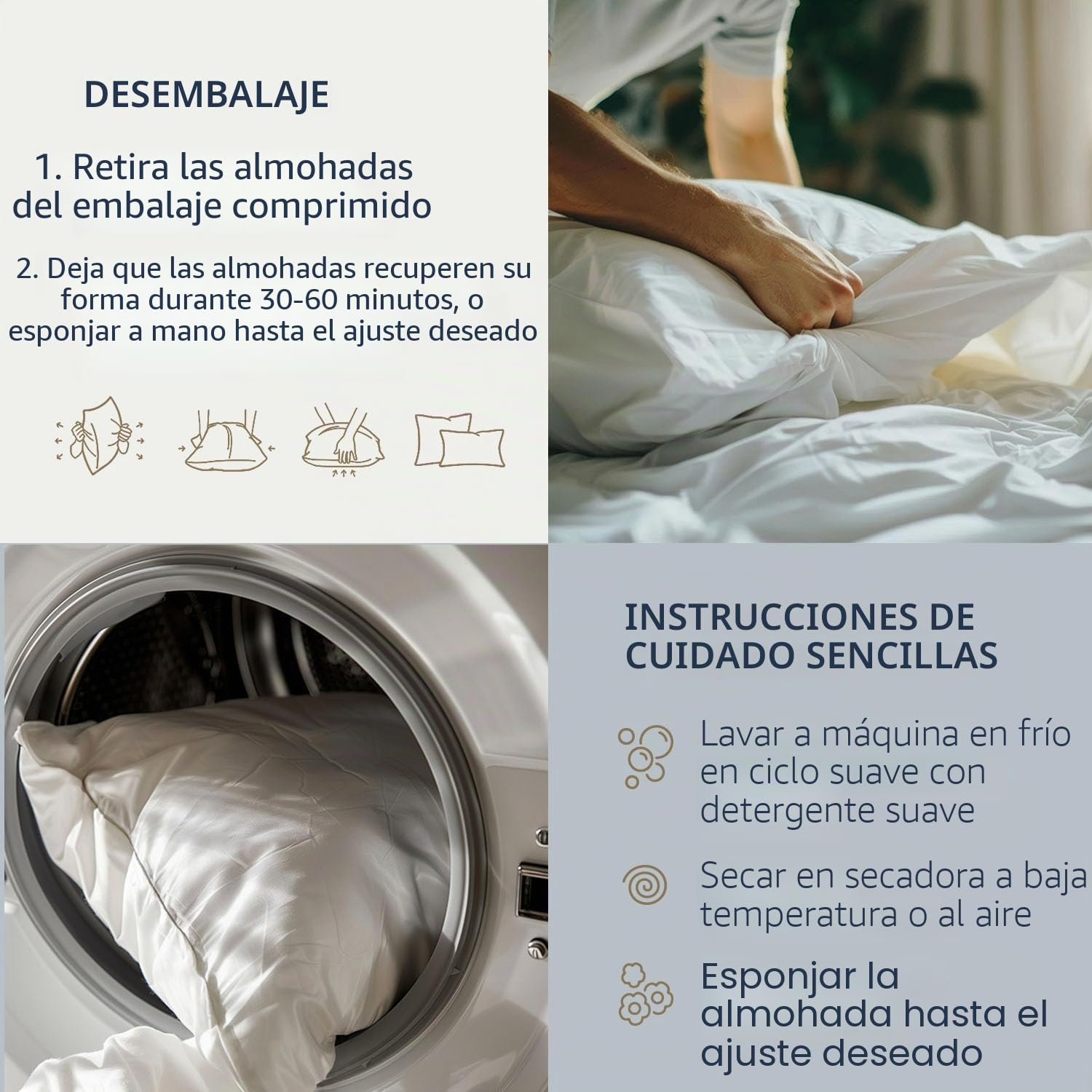 Digital Decor Juego de 2 Almohadas con Funda 100% de algodón y Relleno de Microfibra Hueca con Tacto de plumón, como Las utilizadas en hoteles. Fabricadas en Estados Unidos. 3 Niveles de firmeza