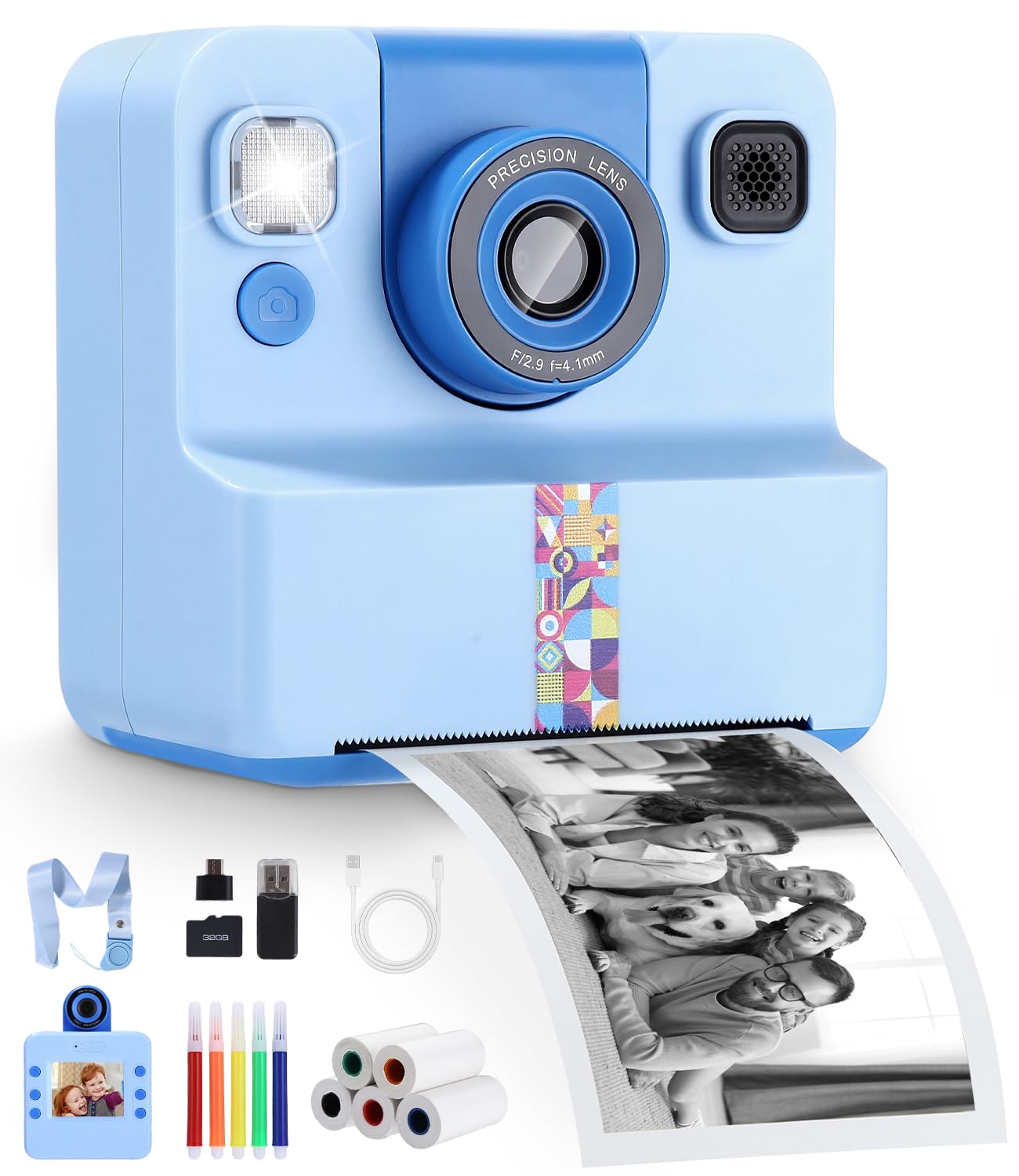Sofortbildkamera Kinder, 1080P HD Kinderkamera Sofortbildkamera mit Sofortdruck, 32GB SD-Karte & 5 Rollen Fotopapier, Geschenk für Mädchen und Jungen ab 3-12 Jahren, Geburtstag, Weihnachten, Blau