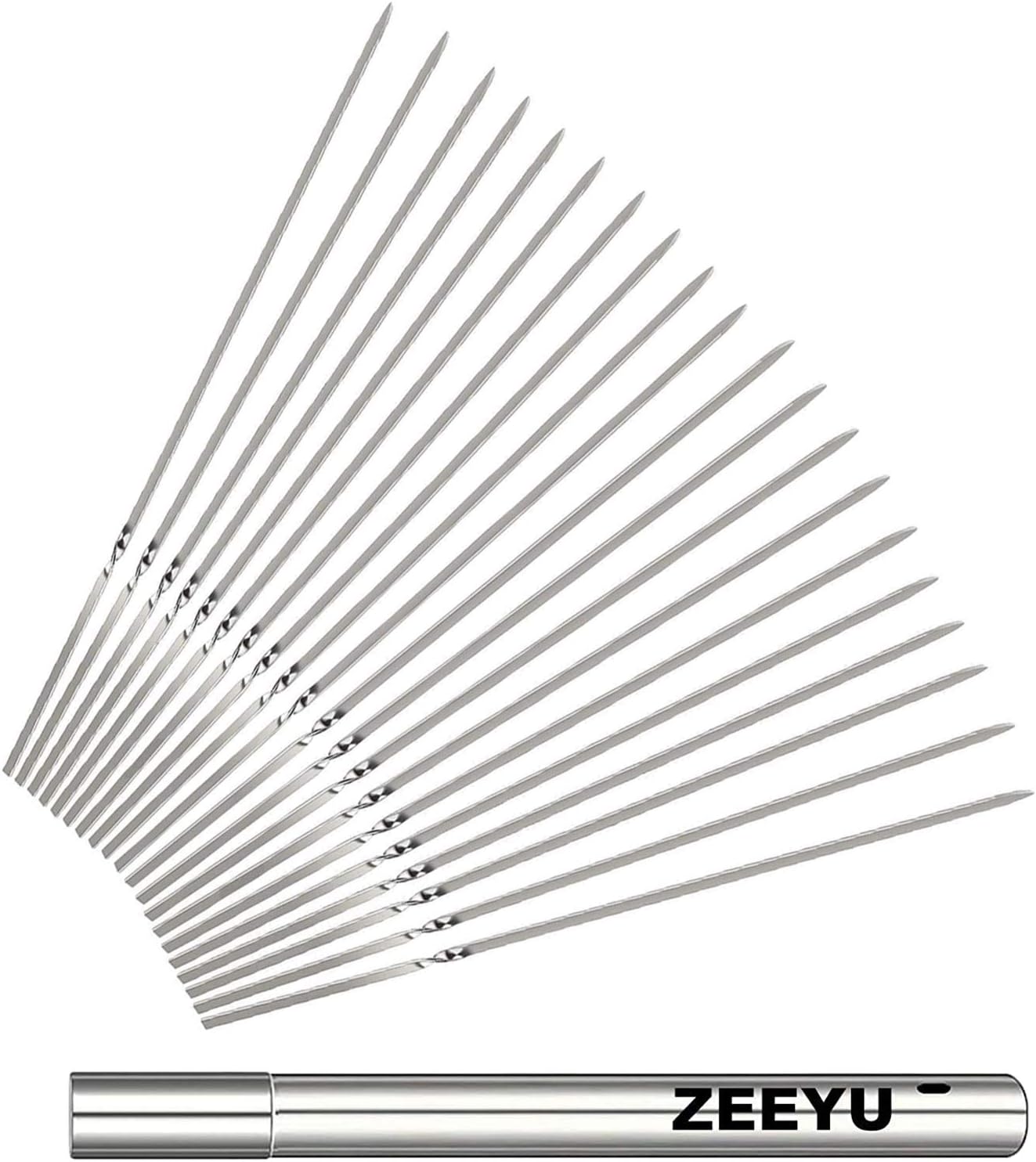 Skewers for Grilling, 14 inch Metal Kabob Skewers with Portable Storage Tube Stainless Steel BBQ Skewers for Meat Shrimp Chicken Vegetable Shish Kebab, 20 Pack