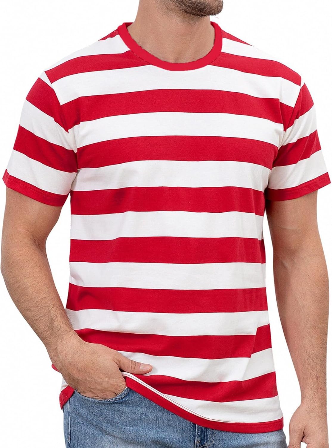 Funny World Men's Cotton Striped T-Shirt Crew Neck Short Sleeves Basic Casual Top