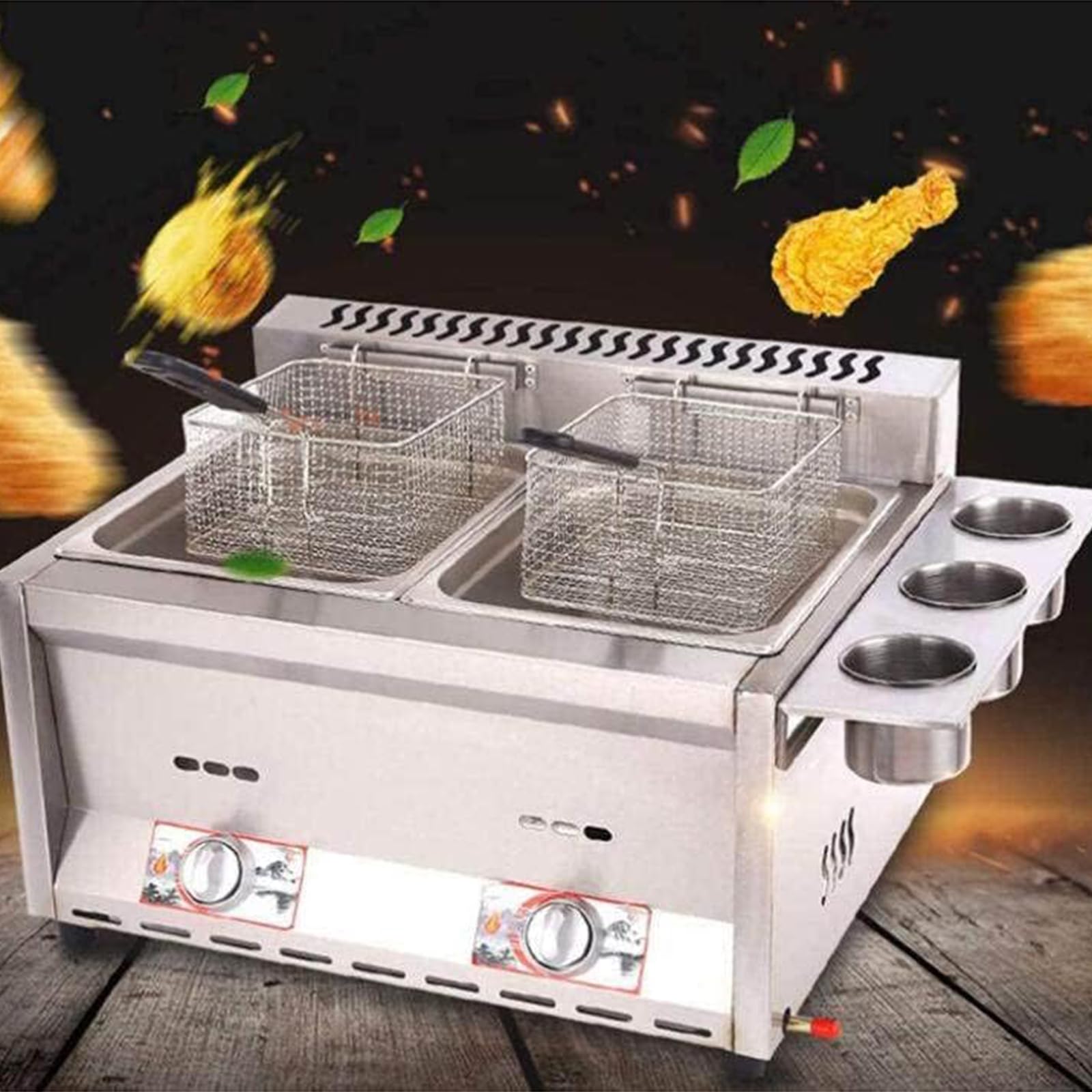 Friggitrice a gas di grande capacità, in acciaio inox, con potenza di fuoco regolabile, per uso domestico e commerciale, cestelli e coperchi inclusi, perfetto per patatine fritte ciambelle pesce