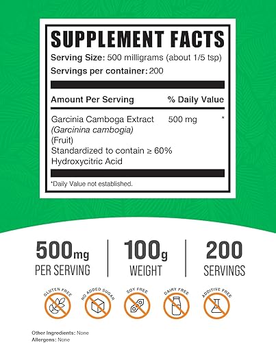 Miniatura 2 de BulkSupplements. com Extracto de Garcinia Cambogia en polvo (60% HCA) - Suplemento de extracto de hierbas, Garcinia Cambogia pura - Sin gluten - 500
