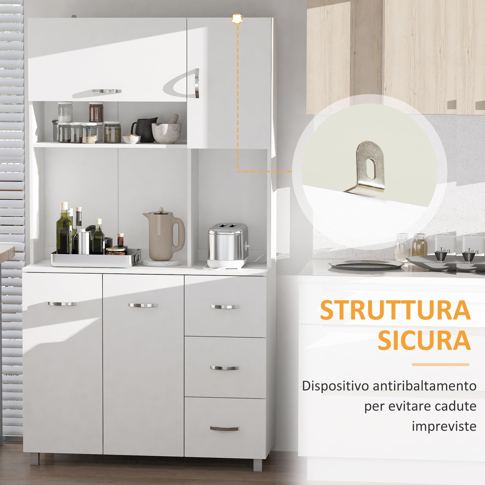 HOMCOM Credenza Alta Moderna con Cassetti e Armadietti, Mobile Cucina per Microonde con Ripiani Aperti, 100x39.5x183.5cm, Bianco