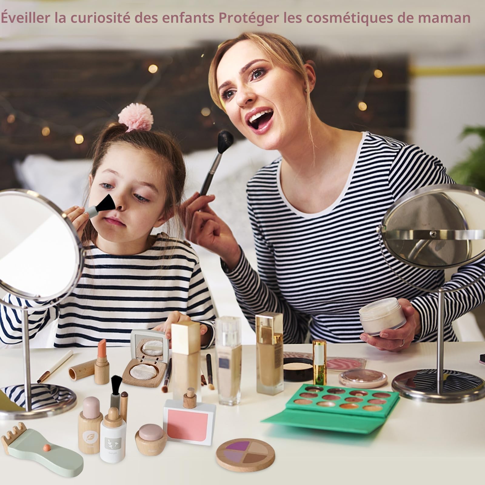 Maquillage Enfant en Bois, Jeu de Rôle Coiffeur, Kit Beauté Bois, Malette Faux Maquillage, Coffre à Jouets Coiffure, Accessoires Coiffeuse Fille, avec Trousse Toilette, Cadeau 3 4 5 6 Ans