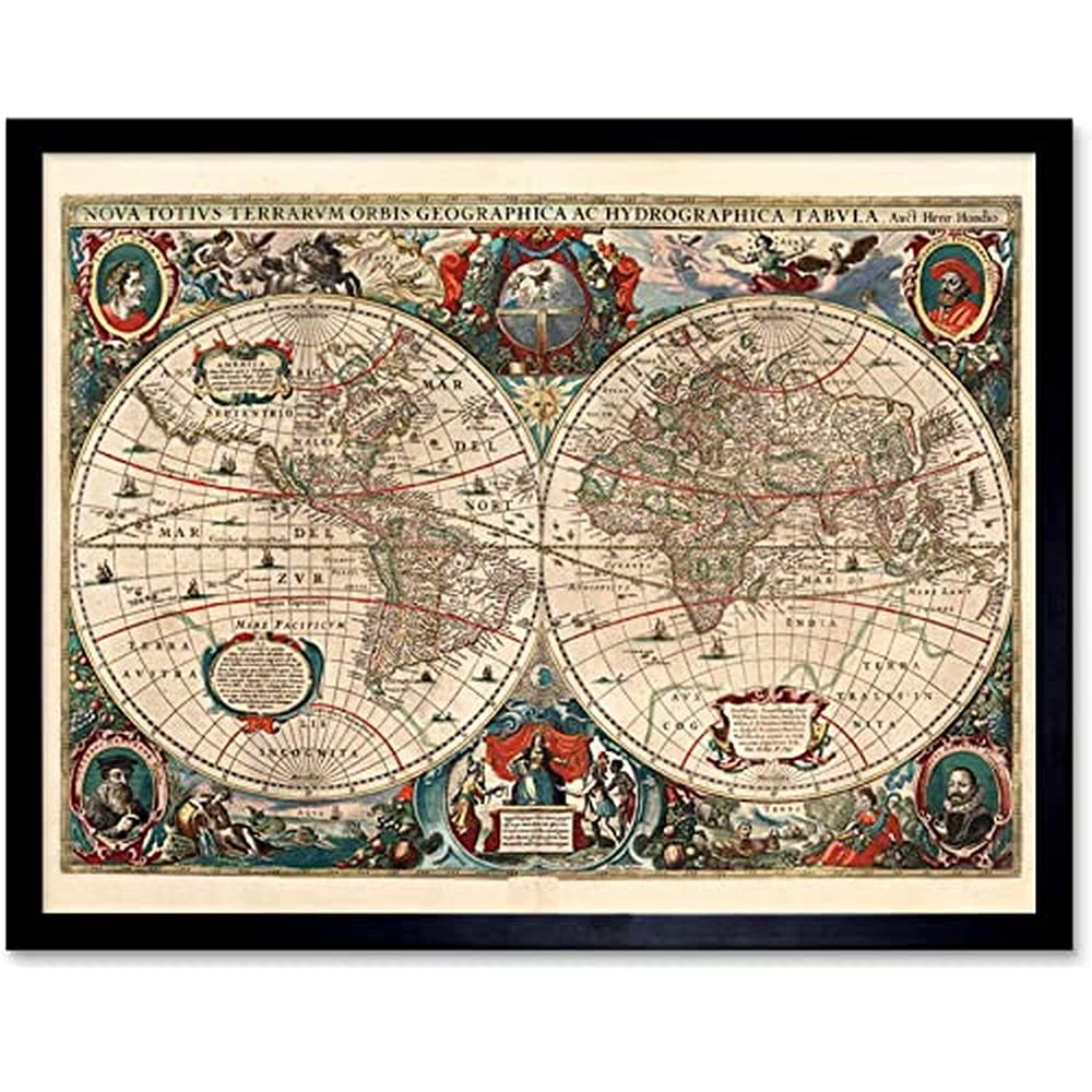 Map Hondius 1641 World Hemispheres Pictorial Unframed Wall Art Print Poster Home Decor Premium