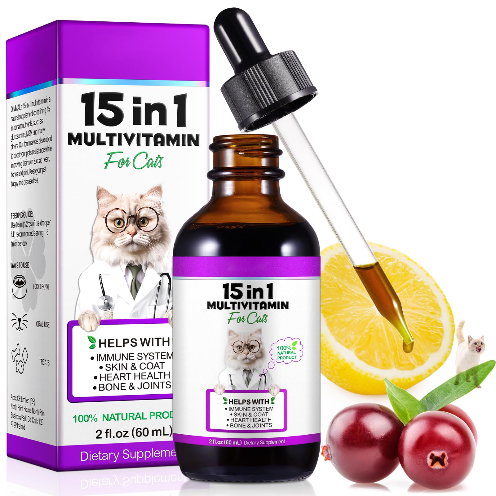 Cat Multivitamin,15 in 1 Cat Vitamins and Supplements, cat Vitamins for Indoor Cats, Liquid Drops for Heart Health, Bones, Joint, Skin & Coat, Immune System Support 60ml 2 fl.oz