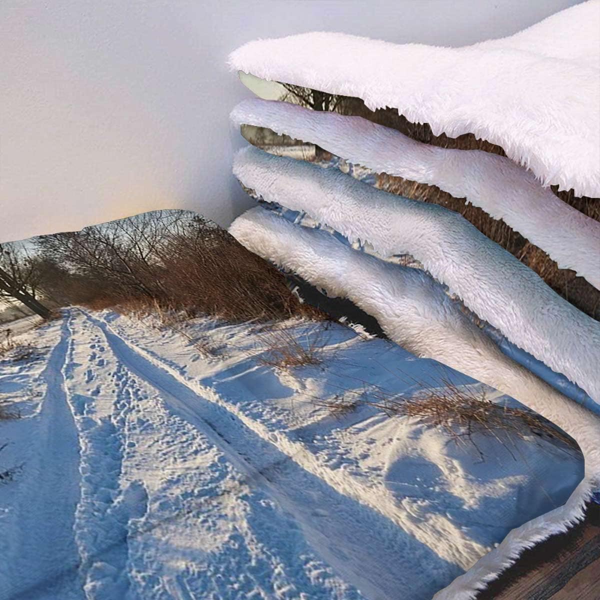 review White Blue Pet Dog Bed Blankets Farmland Winter Snow Valley with Thermal Warming Body Heat Reflecting Core Pad,Washable Winter Scene 19