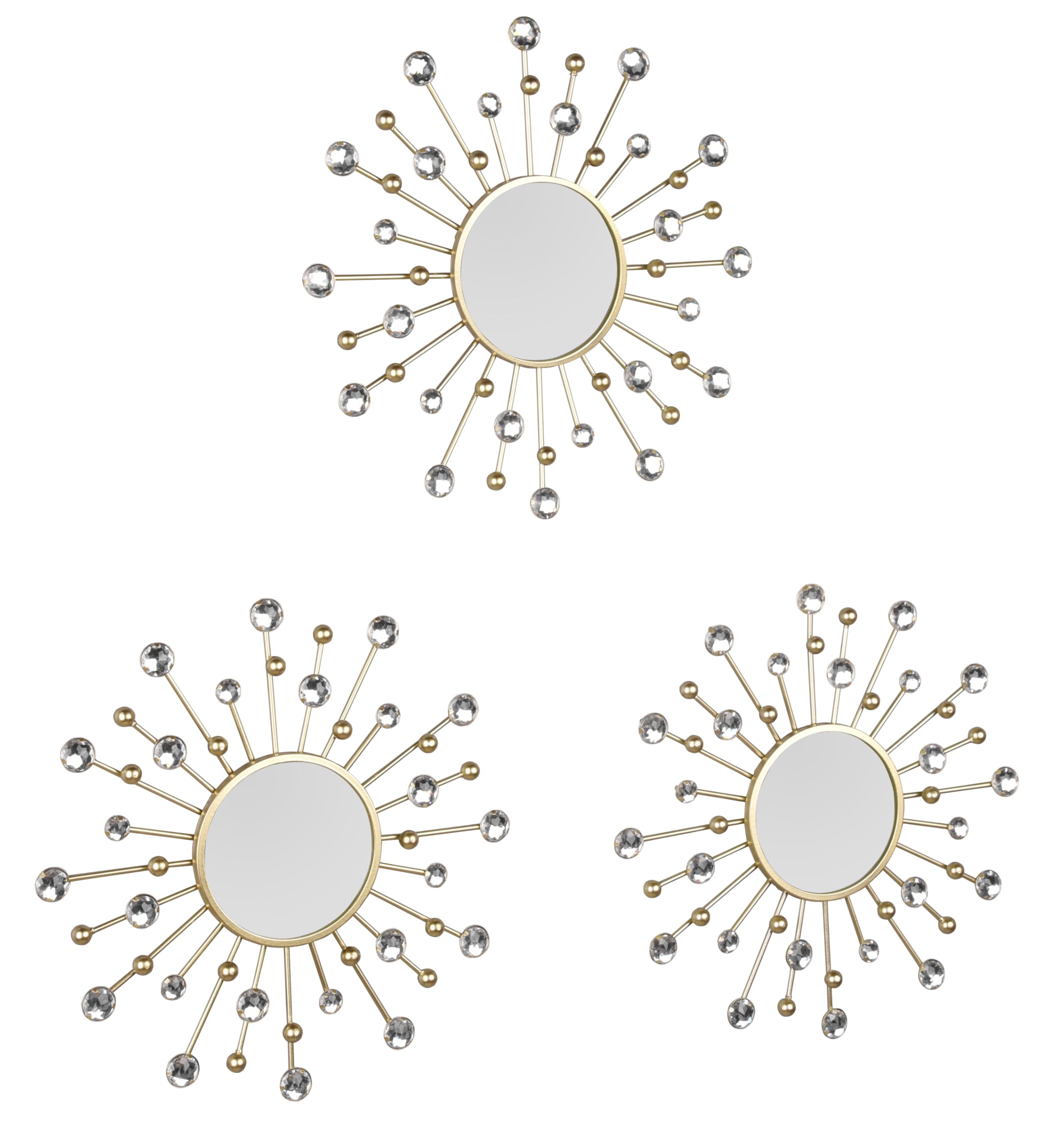 Melanie - Set di 3 specchi da parete con cornice dorata con sfere decorative e cristalli, diametro 25,5 cm
