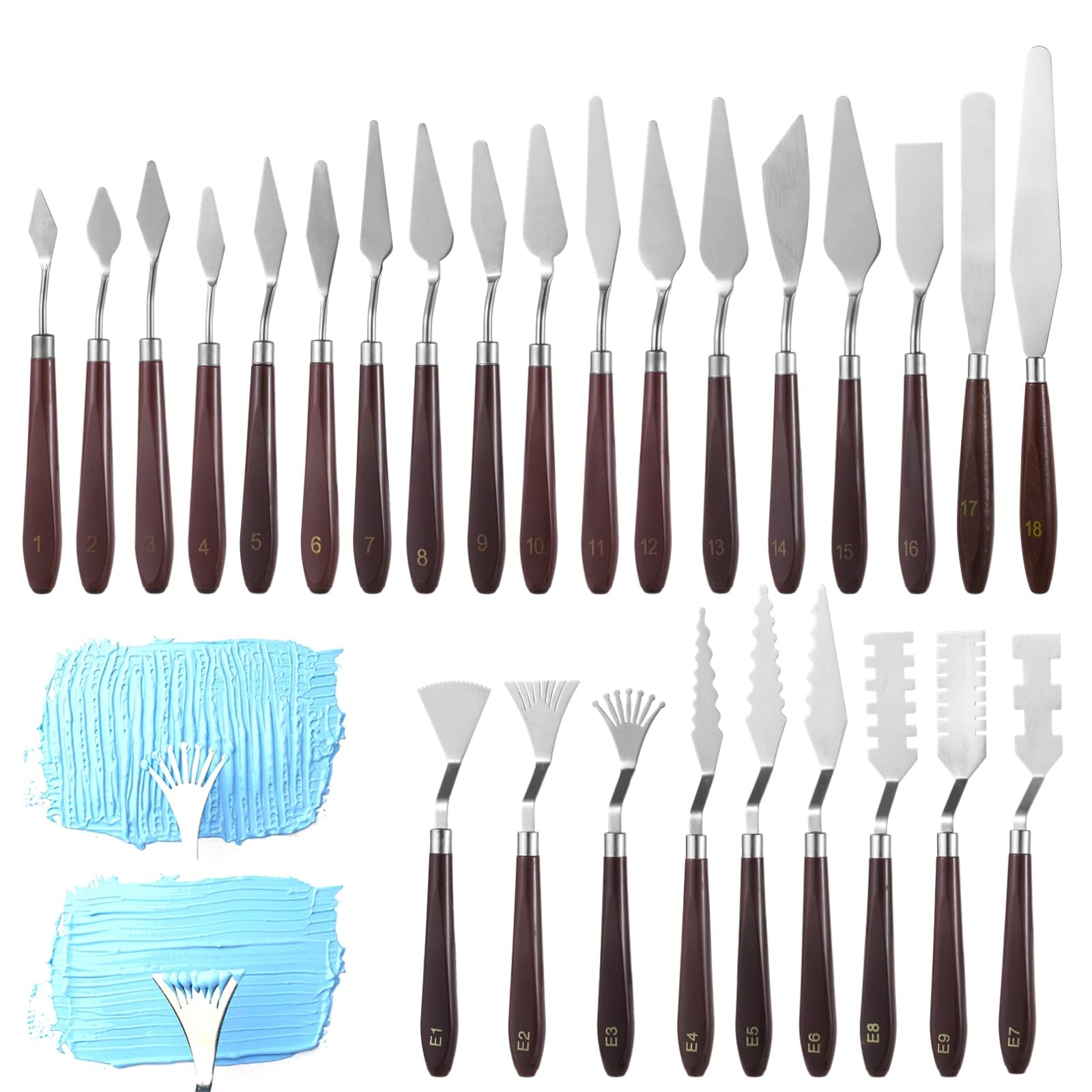 Set de 27 spatules palette, outil palette en acier inoxydable avec manche en bois, spatules de peinture pour mélange des couleurs et texturage