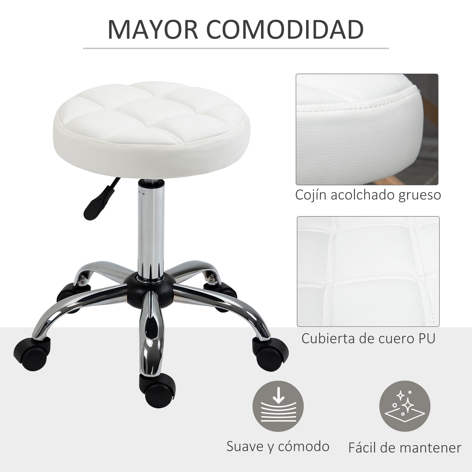 HOMCOM Taburete Giratorio con Ruedas Regulable en Altura de 48-63 cm Taburete de Trabajo Tapizado en Cuero PU para Peluquería Cosmética Dentista Diámetro Ø35,5 cm Blanco