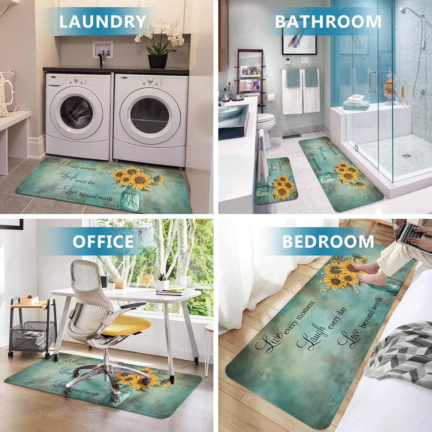 Sunflowers Kitchen Mat Set 2 Pieces Laugh Live Love Retro Turquoise Background Non Slip Kitchen Rugs Washable Runner Rug Mats for Kitchen Sink Laundry Office (19.7" x 31.5"+19.7" x 47.2")