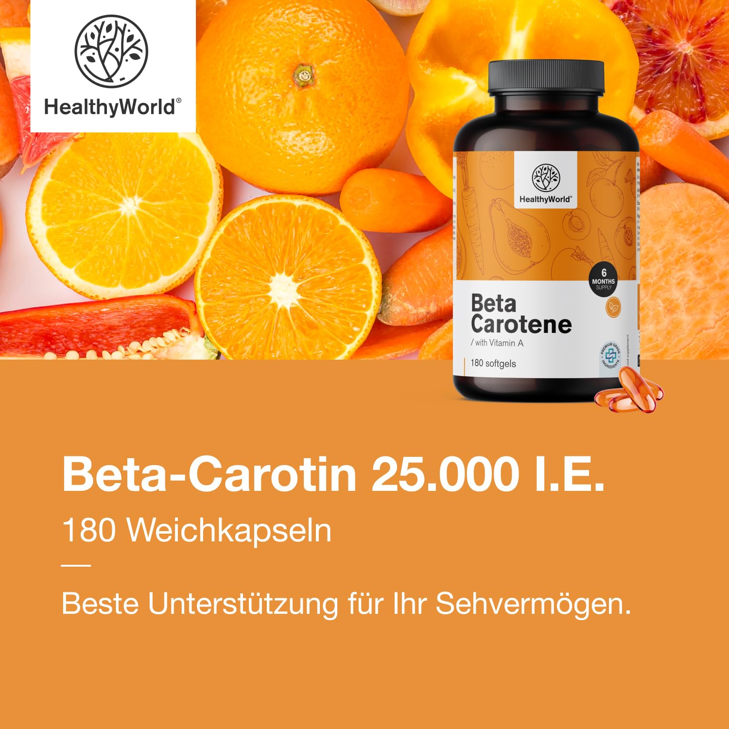 HealthyWorld Beta-Carotin 25.000 i.e. – 25.000 μg Vitamin A pro Dosis – 180 Weichkapseln – 6 Monate Vorrat – Glutenfrei und Laktosefrei – Unterstützung für das Sehvermögen und das Immunsystem
